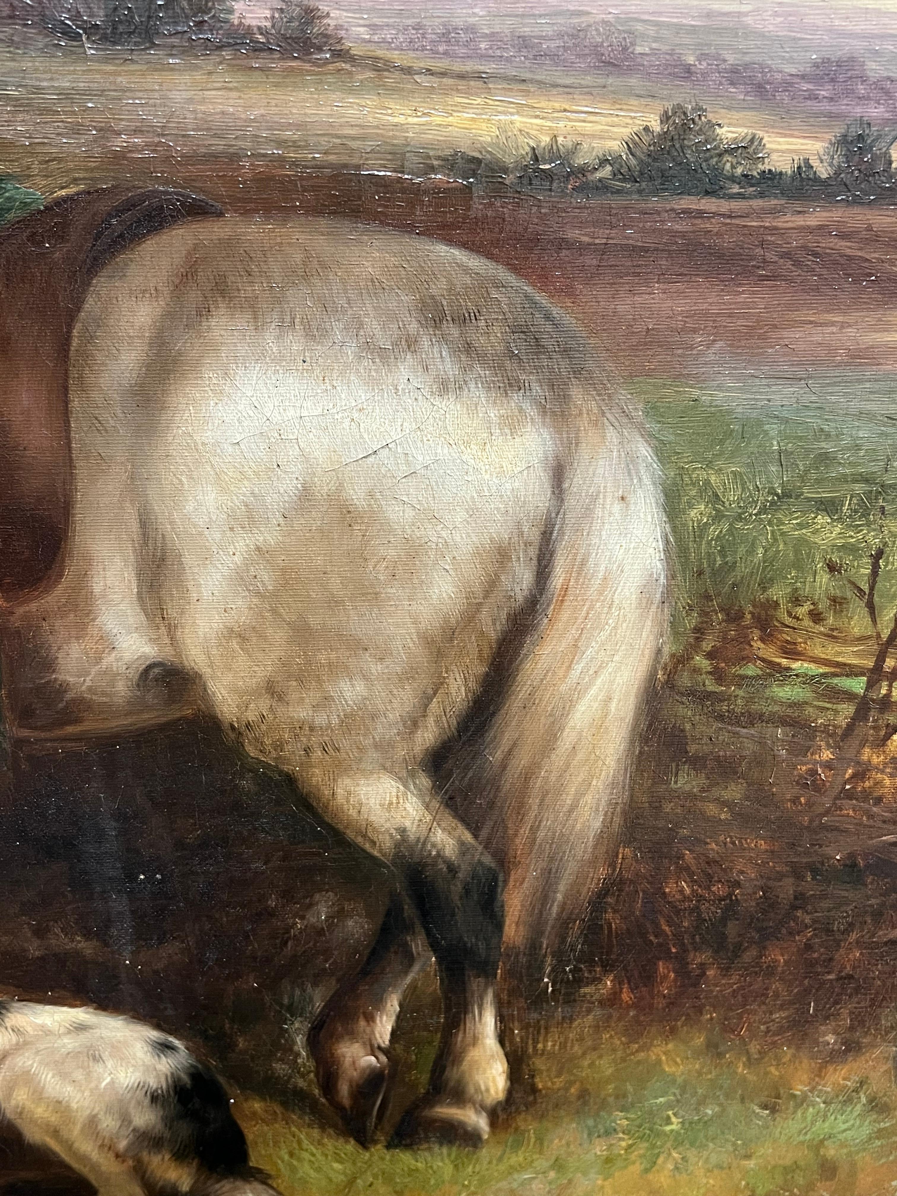 Enorme óleo victoriano Caballo y perros Arte deportivo Paisaje campestre - Landscape Painting Negro de Robert Cleminson