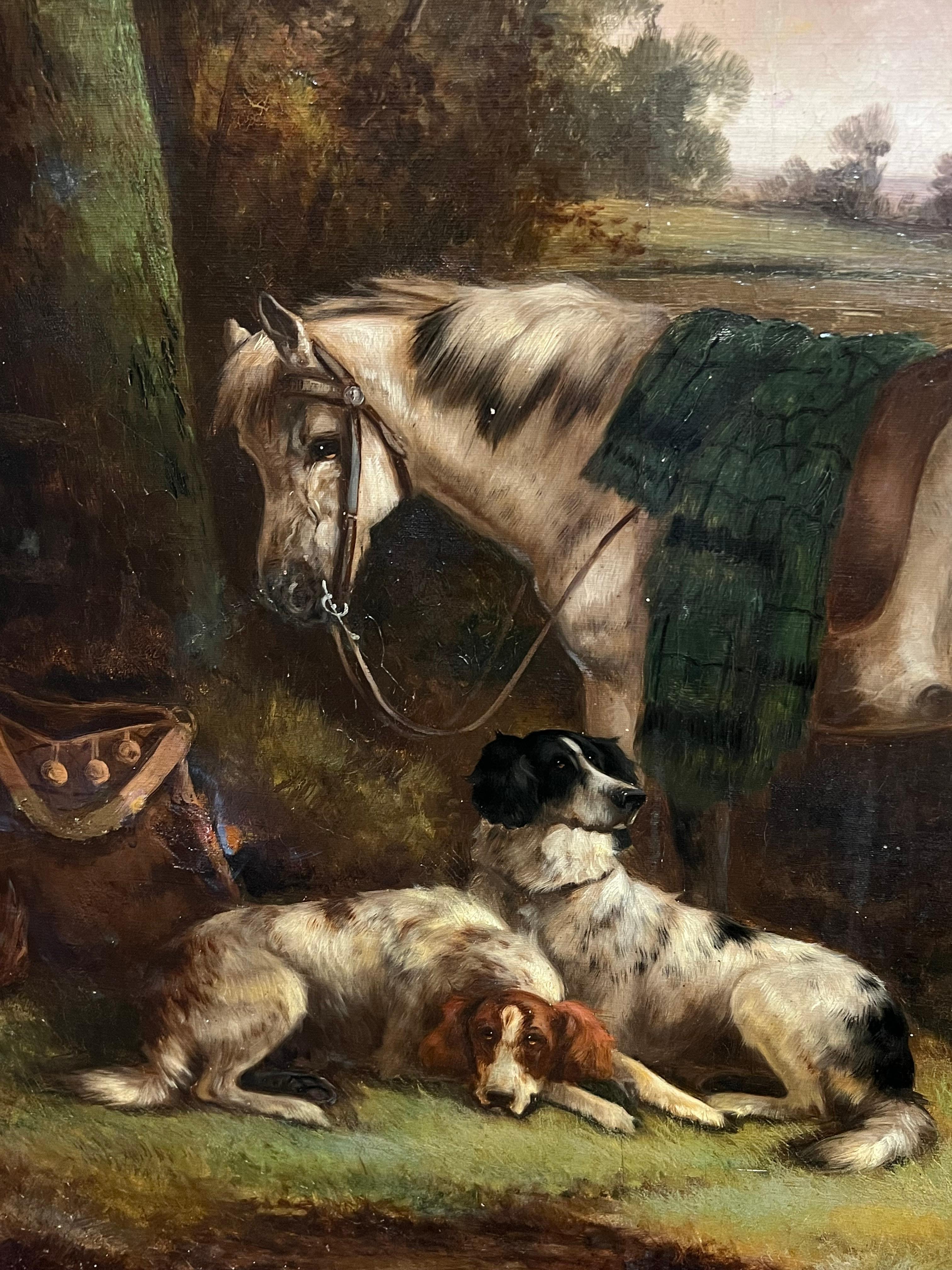 Enorme óleo victoriano Caballo y perros Arte deportivo Paisaje campestre en venta 4