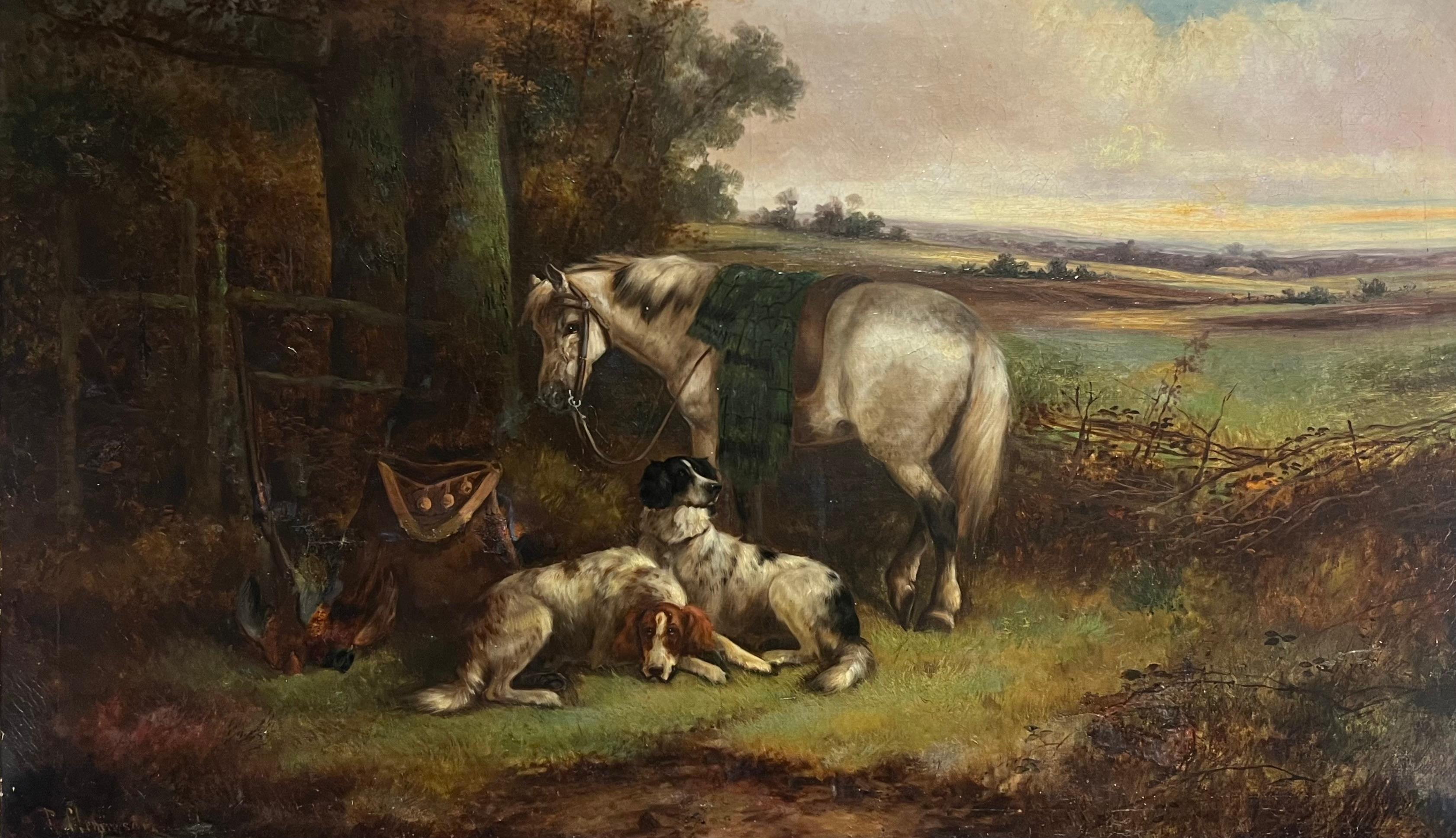 Landscape Painting de Robert Cleminson - Enorme óleo victoriano Caballo y perros Arte deportivo Paisaje campestre