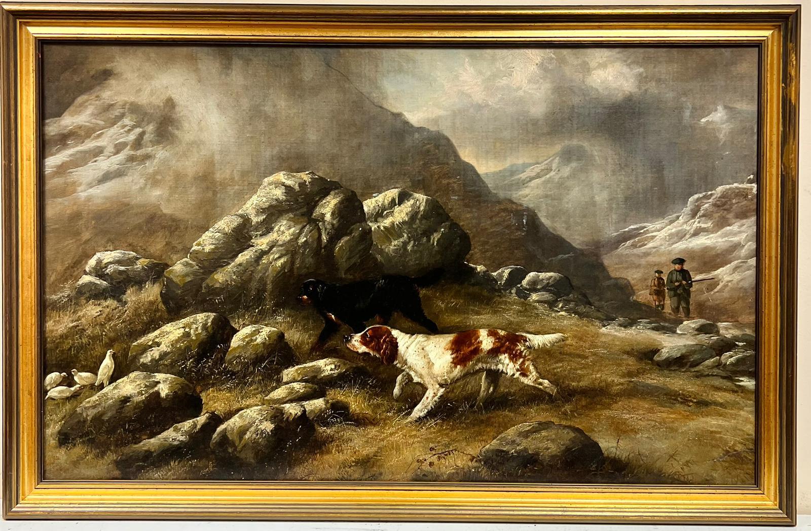 Grande peinture à l'huile victorienne écossaise représentant un chien de chasse et des personnages des Highlands - Painting de Robert Cleminson