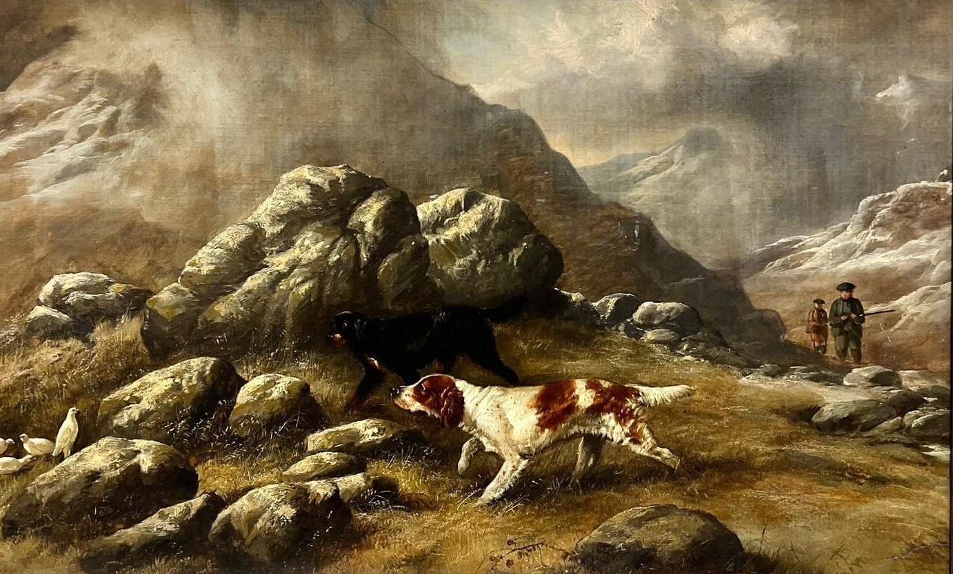 Grande peinture à l'huile victorienne écossaise représentant un chien de chasse et des personnages des Highlands