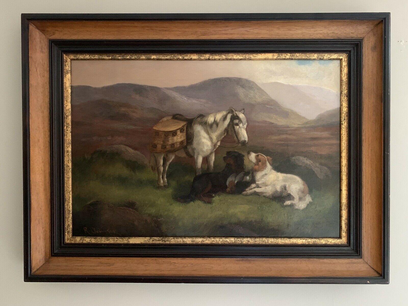 ROBERT CLEMINSON (1864-1903) LARGE SIGNED OIL - HIGHLAND PONY & DOGS LANDSCAPE - Painting by Robert Cleminson