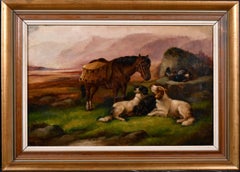 ROBERT CLEMINSON (1864-1903) LARGE SIGNED OIL - HIGHLAND PONY & DOGS LANDSCAPE