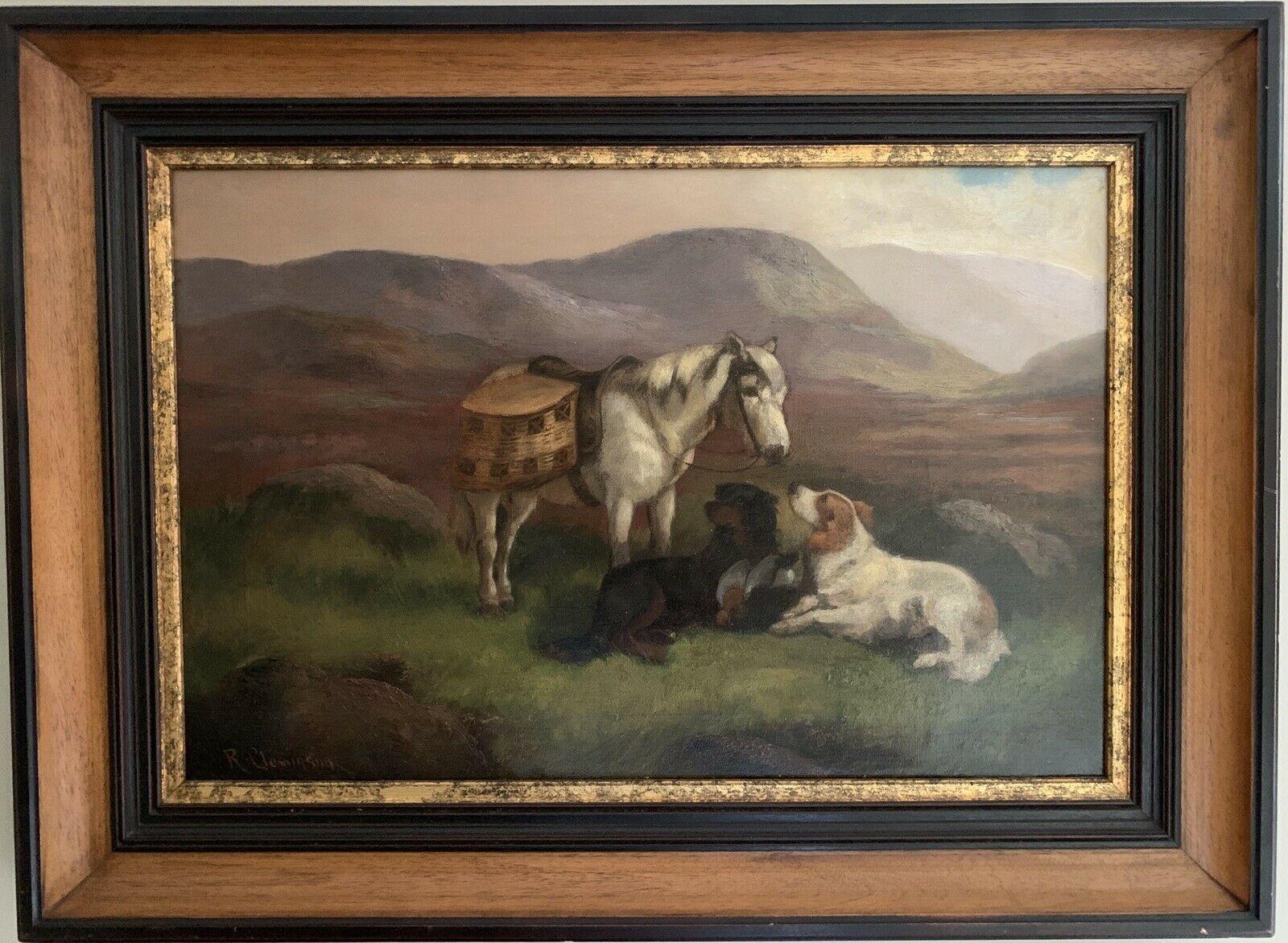 Robert Cleminson Animal Painting - ROBERT CLEMINSON (1864-1903) LARGE SIGNED OIL - HIGHLAND PONY & DOGS LANDSCAPE