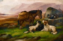 ROBERT CLEMINSON (1864-1903) LARGE SIGNED OIL - HIGHLAND PONY & DOGS LANDSCAPE
