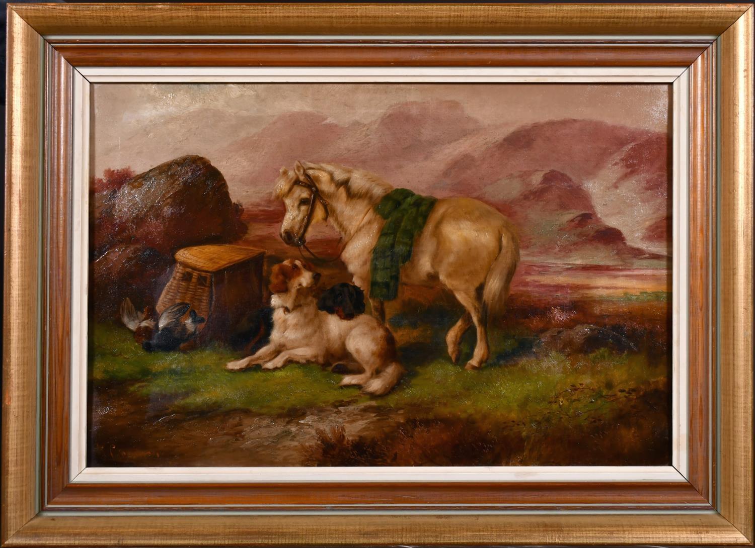 ROBERT CLEMINSON (1864-1903) LARGE SIGNED OIL HIGHLAND PONY & SPANIEL LANDSCAPE - Painting by Robert Cleminson