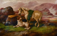 ROBERT CLEMINSON (1864-1903) LARGE SIGNED OIL HIGHLAND PONY & SPANIEL LANDSCAPE