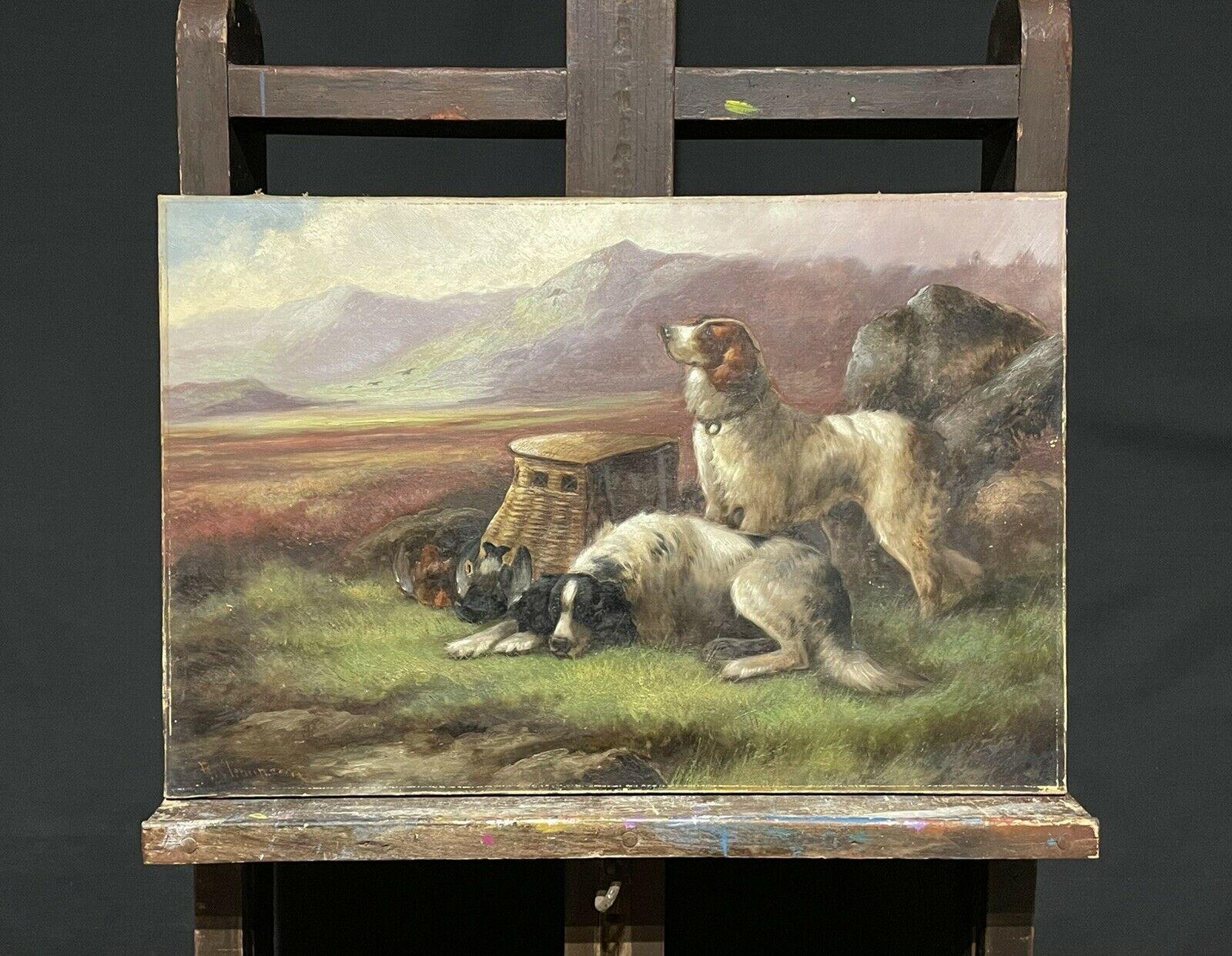 ROBERT CLEMINSON (1864-1903) LARGE SIGNED OIL - HIGHLAND SETTER DOGS LANDSCAPE - Painting by Robert Cleminson