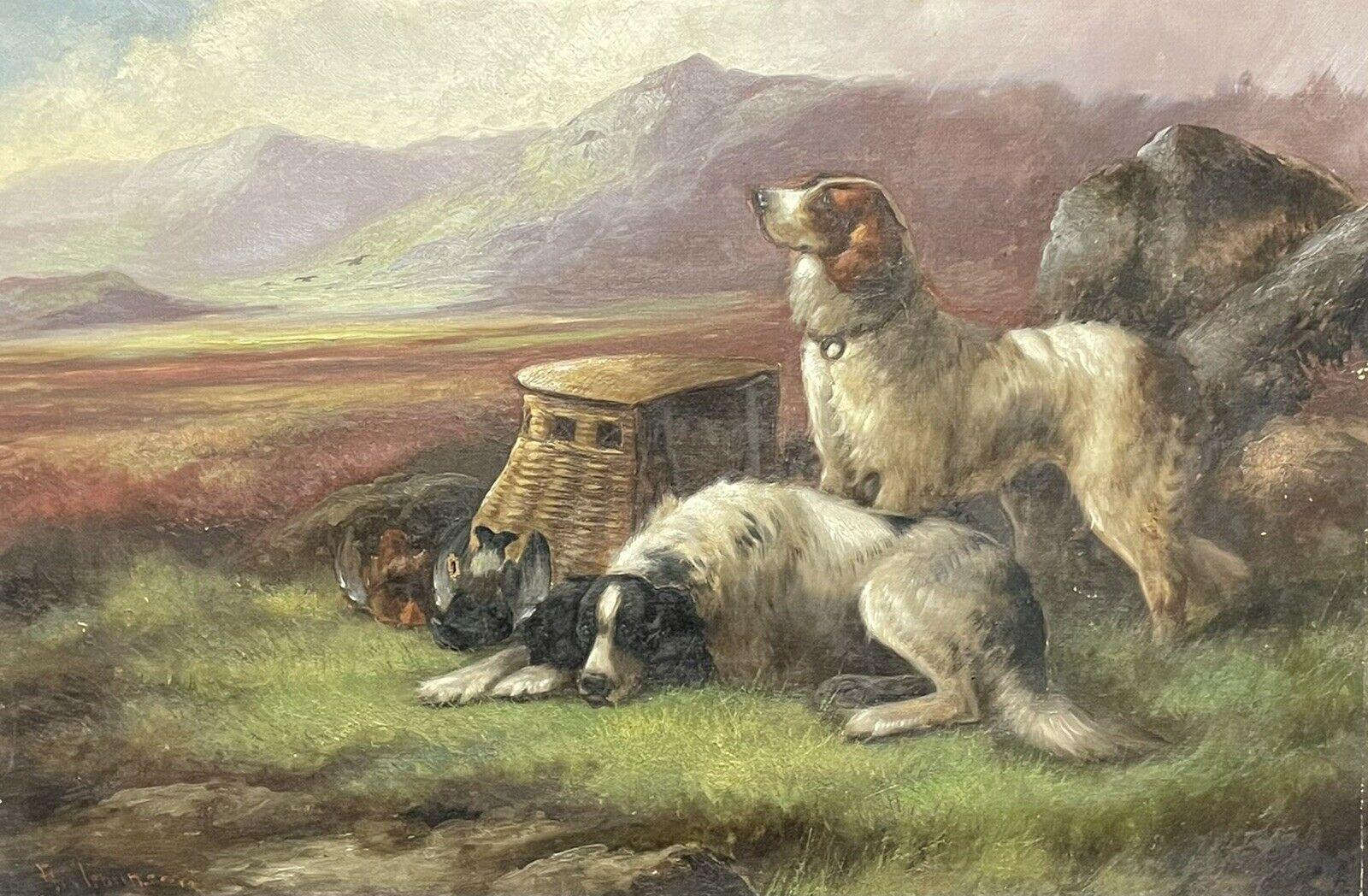 ROBERT CLEMINSON (1864-1903) LARGE SIGNED OIL - HIGHLAND SETTER DOGS LANDSCAPE
