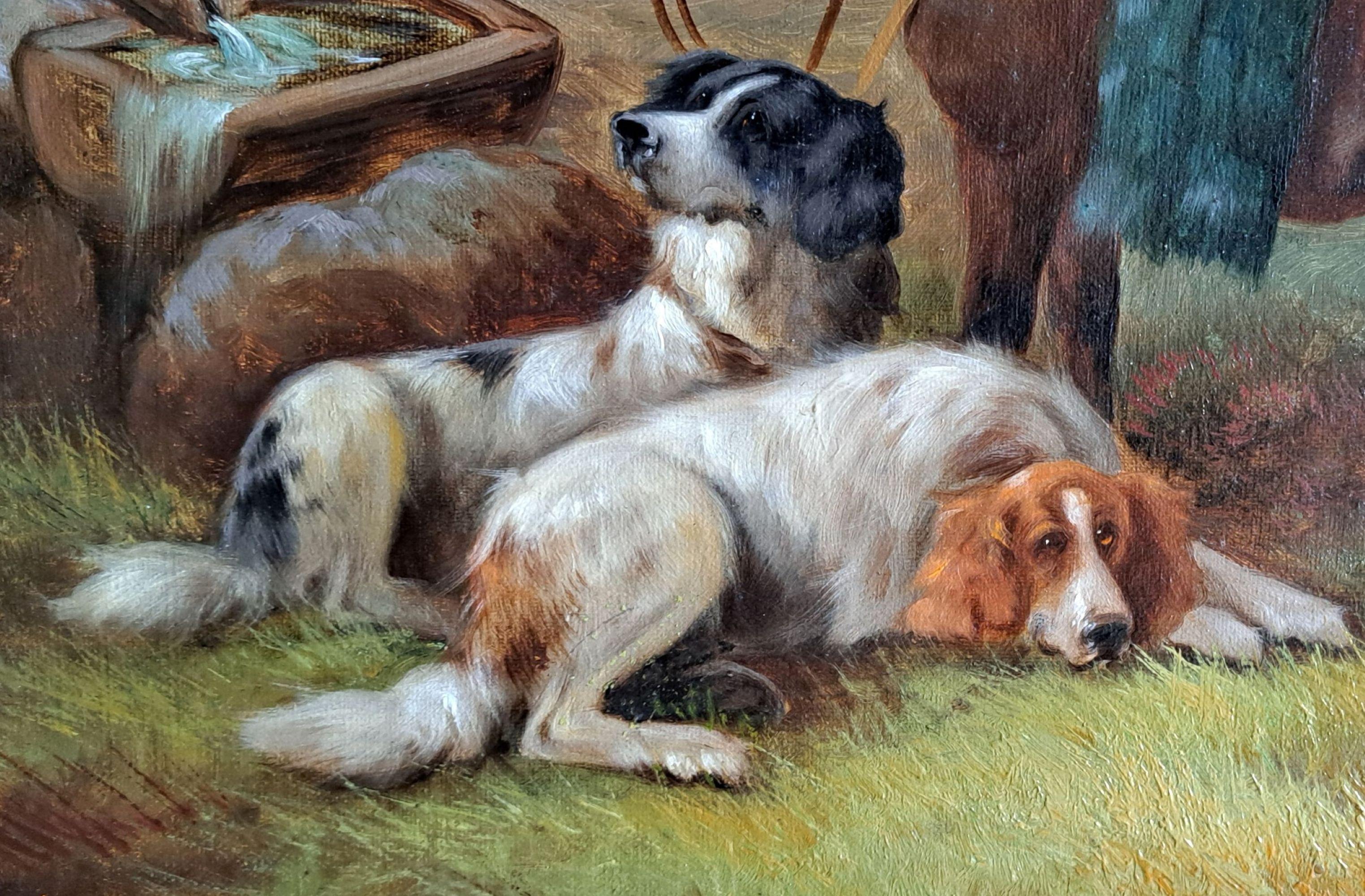 Robert Cleminson peinture à l'huile du 19e siècle poney et chiens de chasse au repos en vente 2