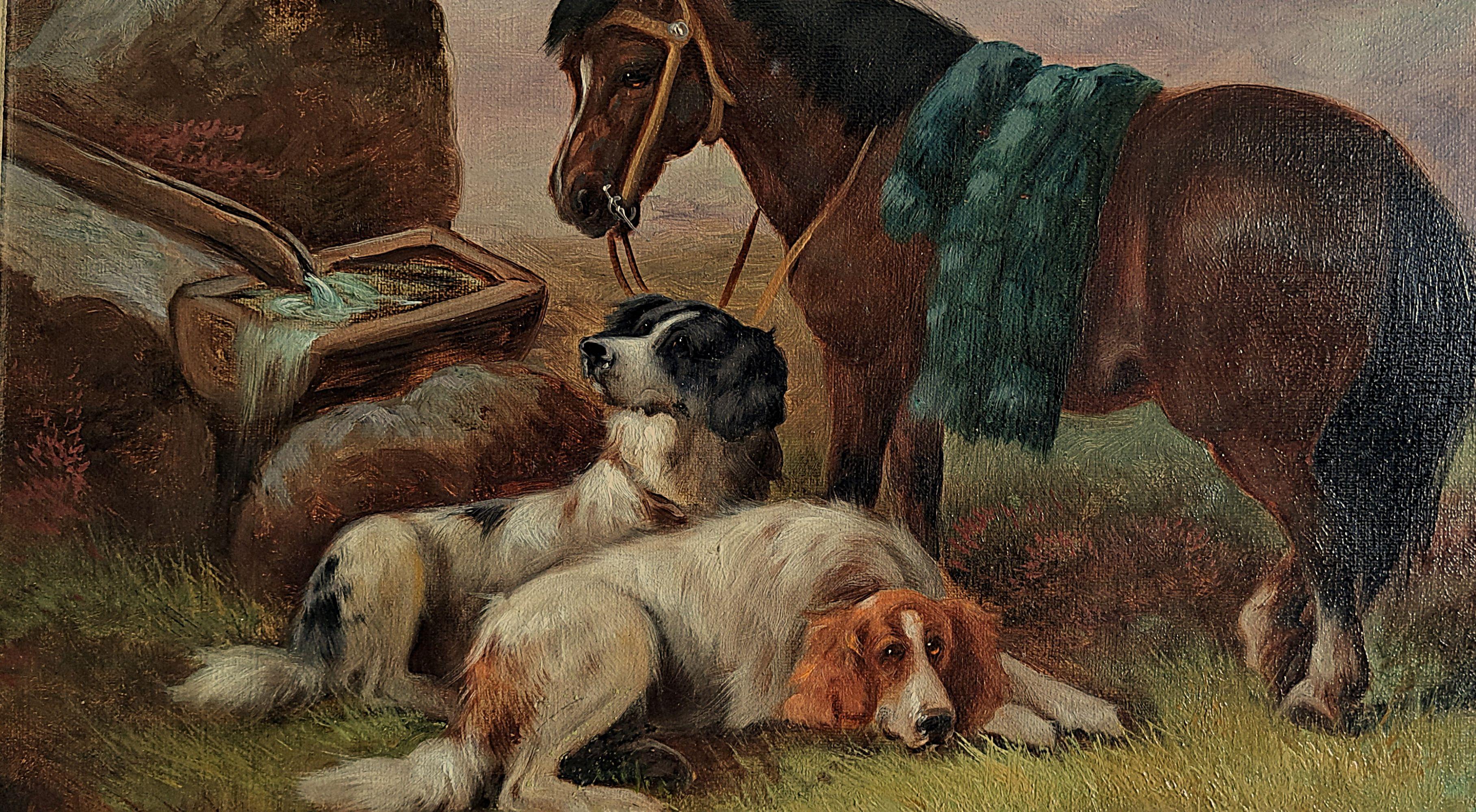 Robert Cleminson peinture à l'huile du 19e siècle poney et chiens de chasse au repos en vente 3