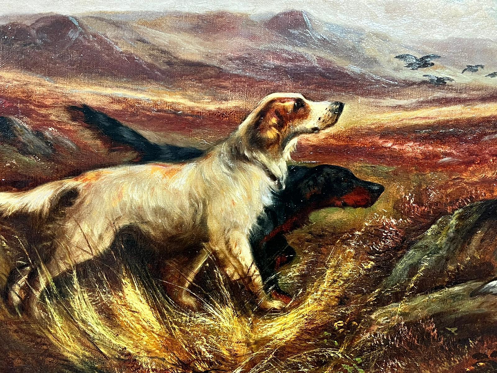 Robert Cleminson Animal Painting - Setter Dogs Hunting in Scottish Highland Moors Antique British Oil Painting