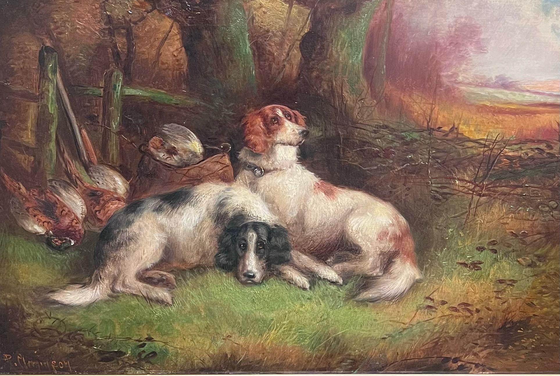 Setter Dogs/ Spaniels in Sporting Landscape Original Victorian English Dog Oil - Painting by Robert Cleminson