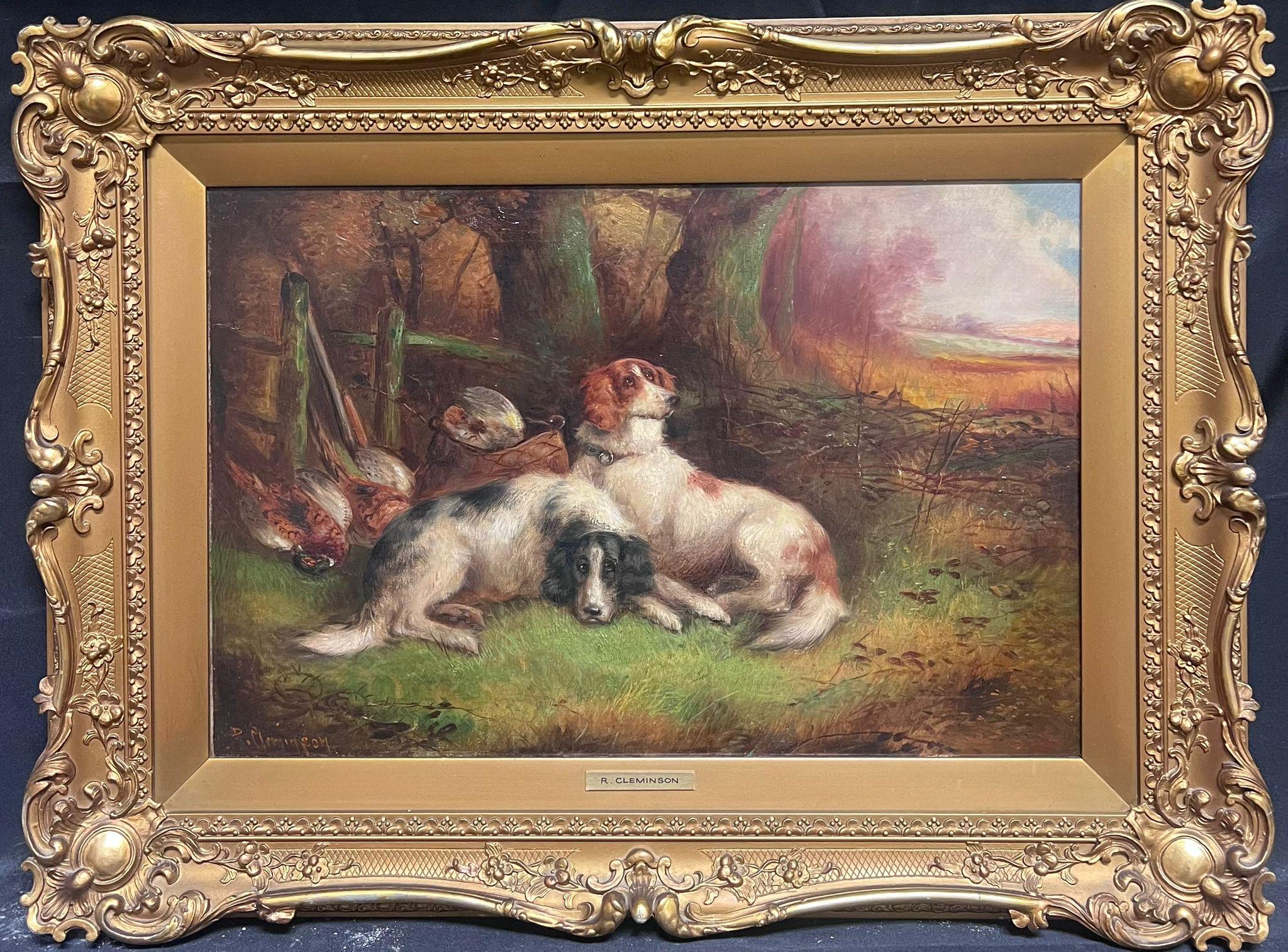 Landscape Painting Robert Cleminson - Setter Dogs/ Spaniels in Sporting Landscape Original Victorian English Dog Oil