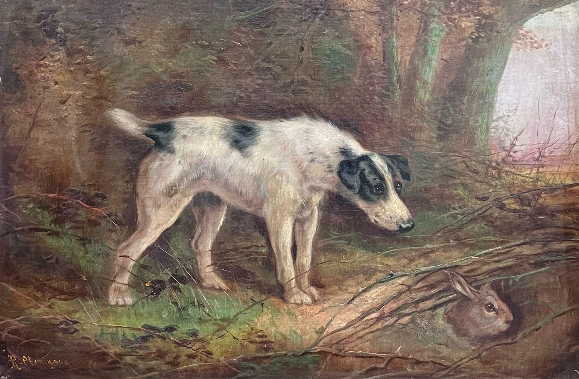 Peinture à l'huile victorienne signée Terrier Dog Chasing Rabbit down Hole Gilt encadrée - Painting de Robert Cleminson