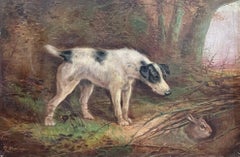 Signed Victorian Oil Painting Terrier Dog Chasing Rabbit down Hole Gilt Framed