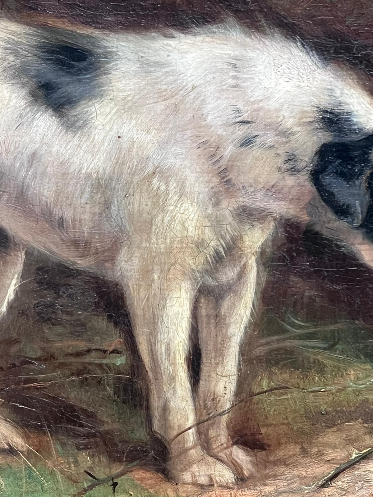 Peinture à l'huile victorienne signée Terrier Dog Chasing Rabbit down Hole Gilt encadrée - Victorien Painting par Robert Cleminson
