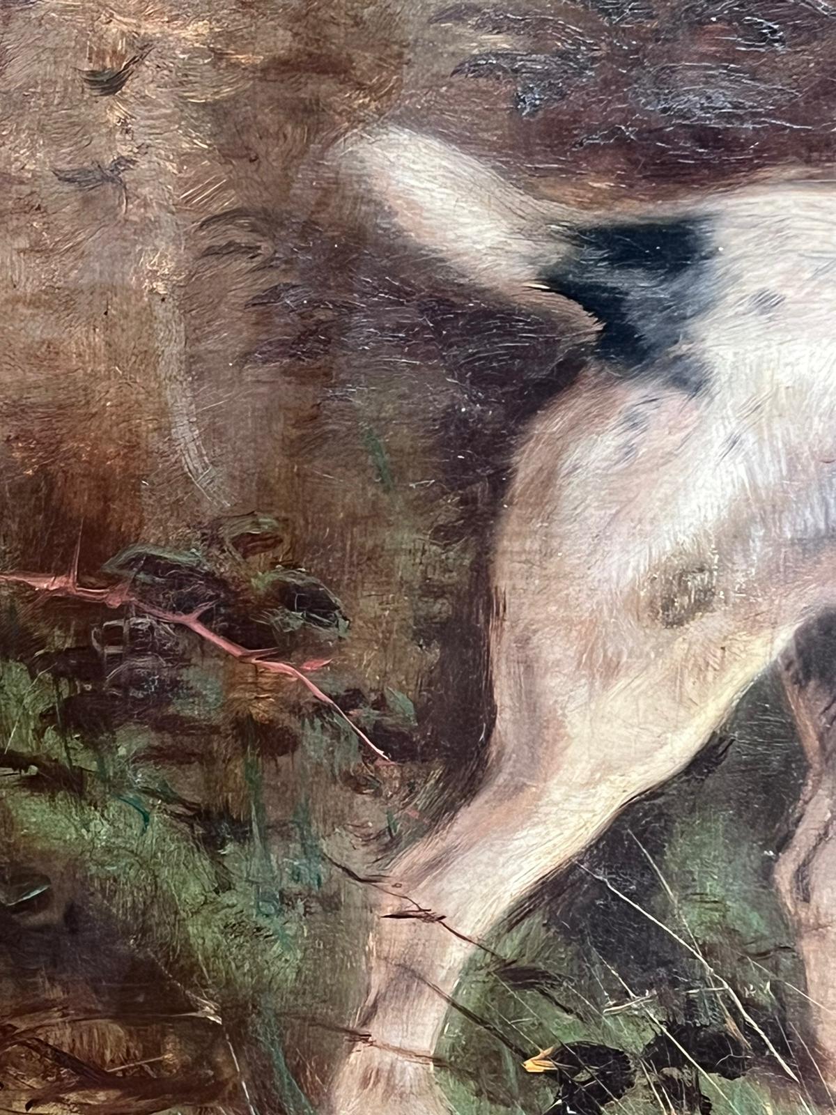 Peinture à l'huile victorienne signée Terrier Dog Chasing Rabbit down Hole Gilt encadrée en vente 3