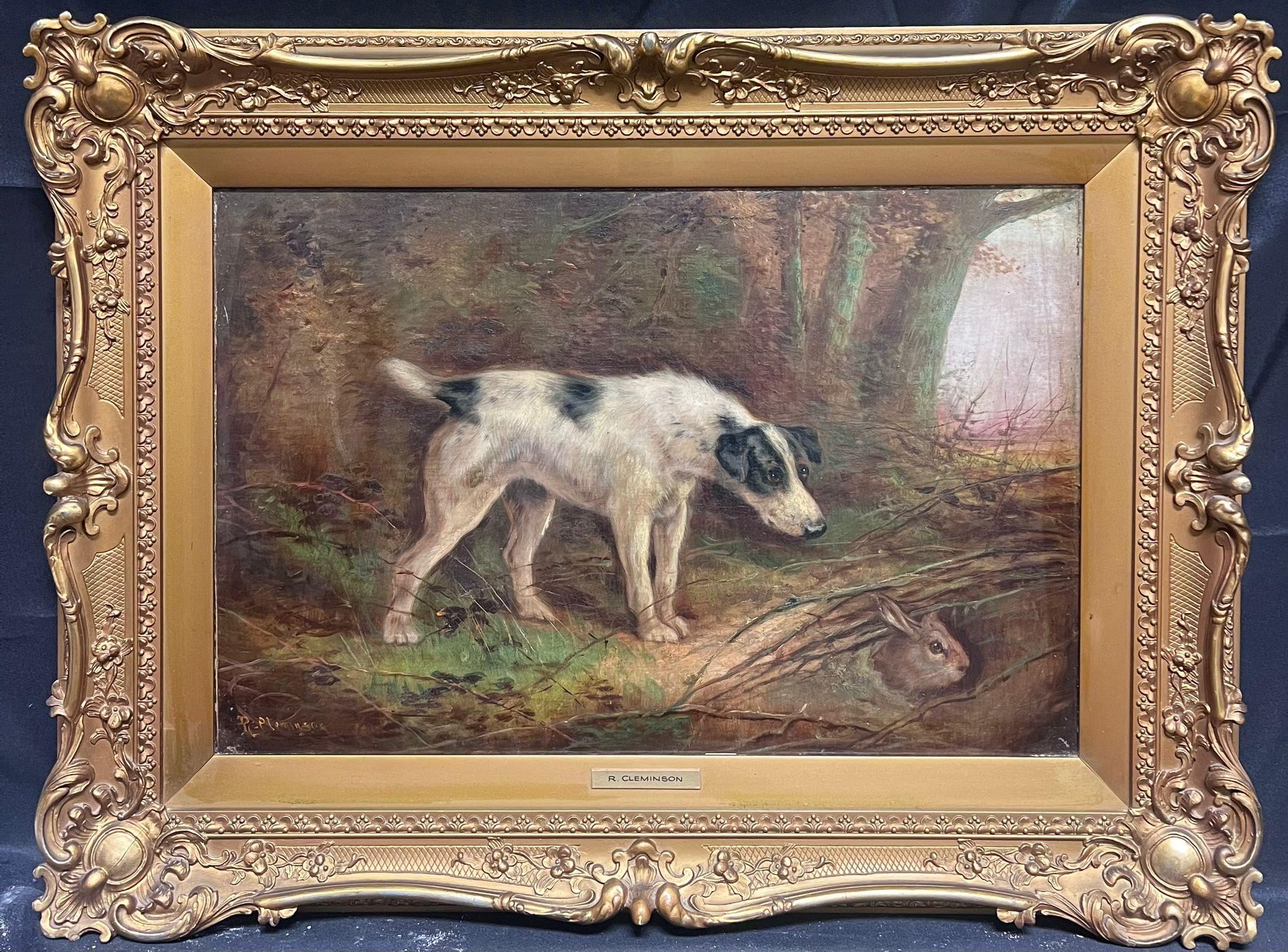 Peinture à l'huile victorienne signée Terrier Dog Chasing Rabbit down Hole Gilt encadrée