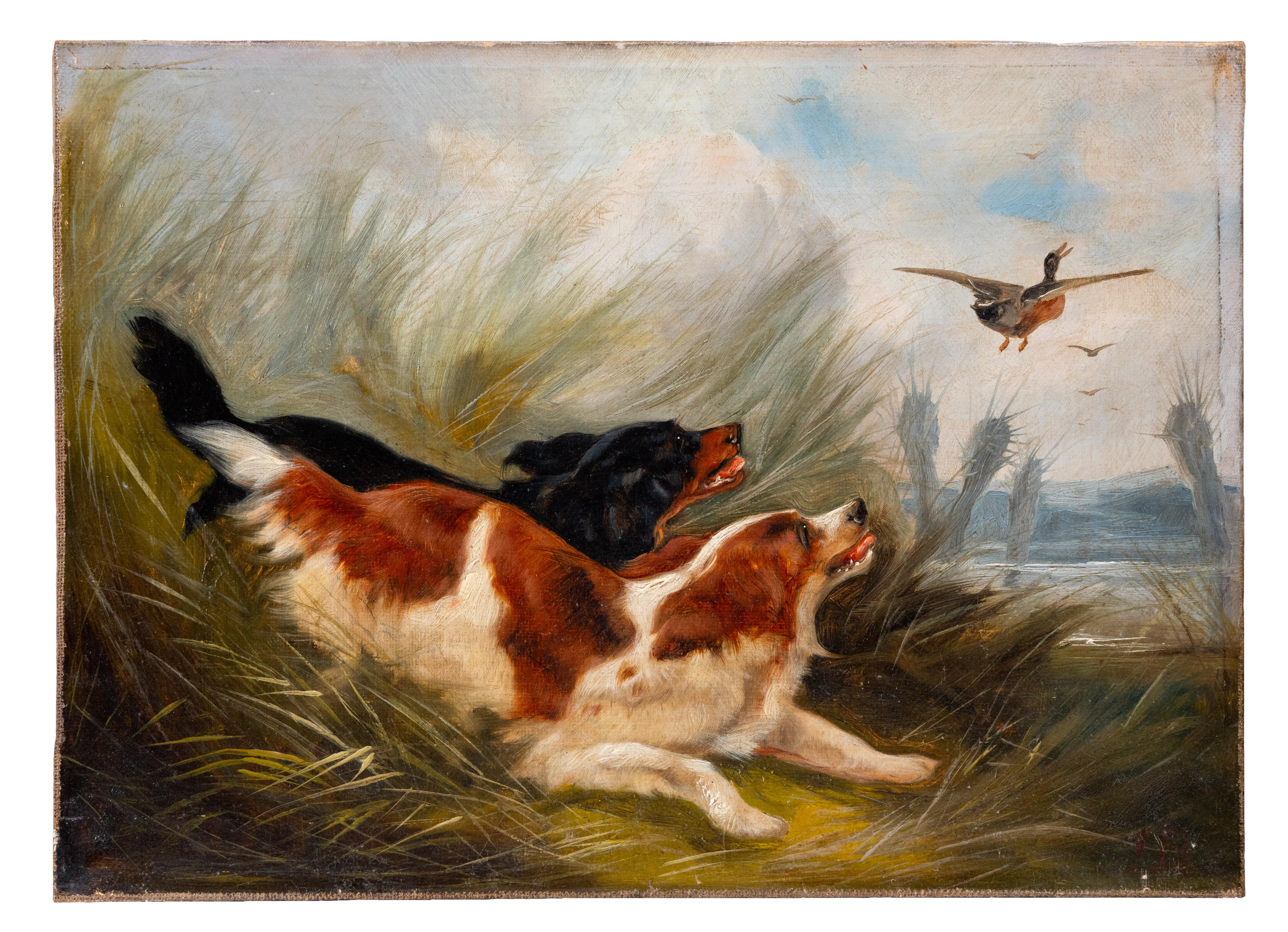 Two dogs chasing a duck overt the water, attributed to Robert Cleminson