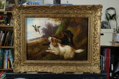 Two Gundogs flushing Pheasants in a meadow, oil painting on canvas, framed