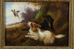 Two Gundogs flushing Pheasants in a meadow, oil painting on canvas, framed