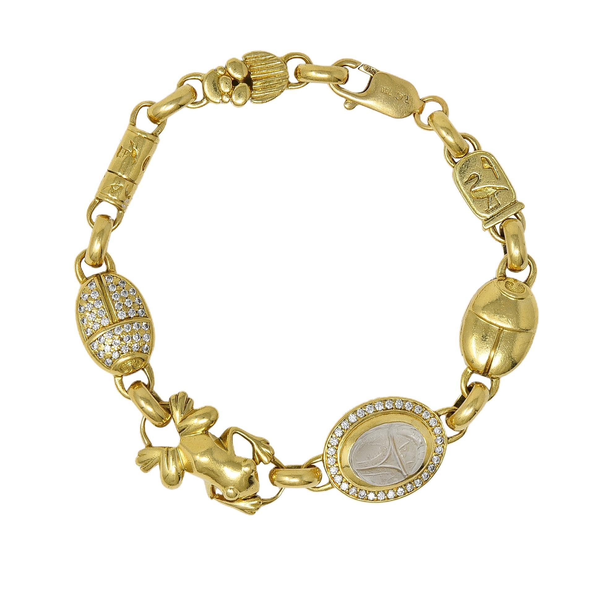Cabochon Robert Clerc Contemporary Diamond Quartz 18K Yellow Gold Egyptian Bracelet For Sale