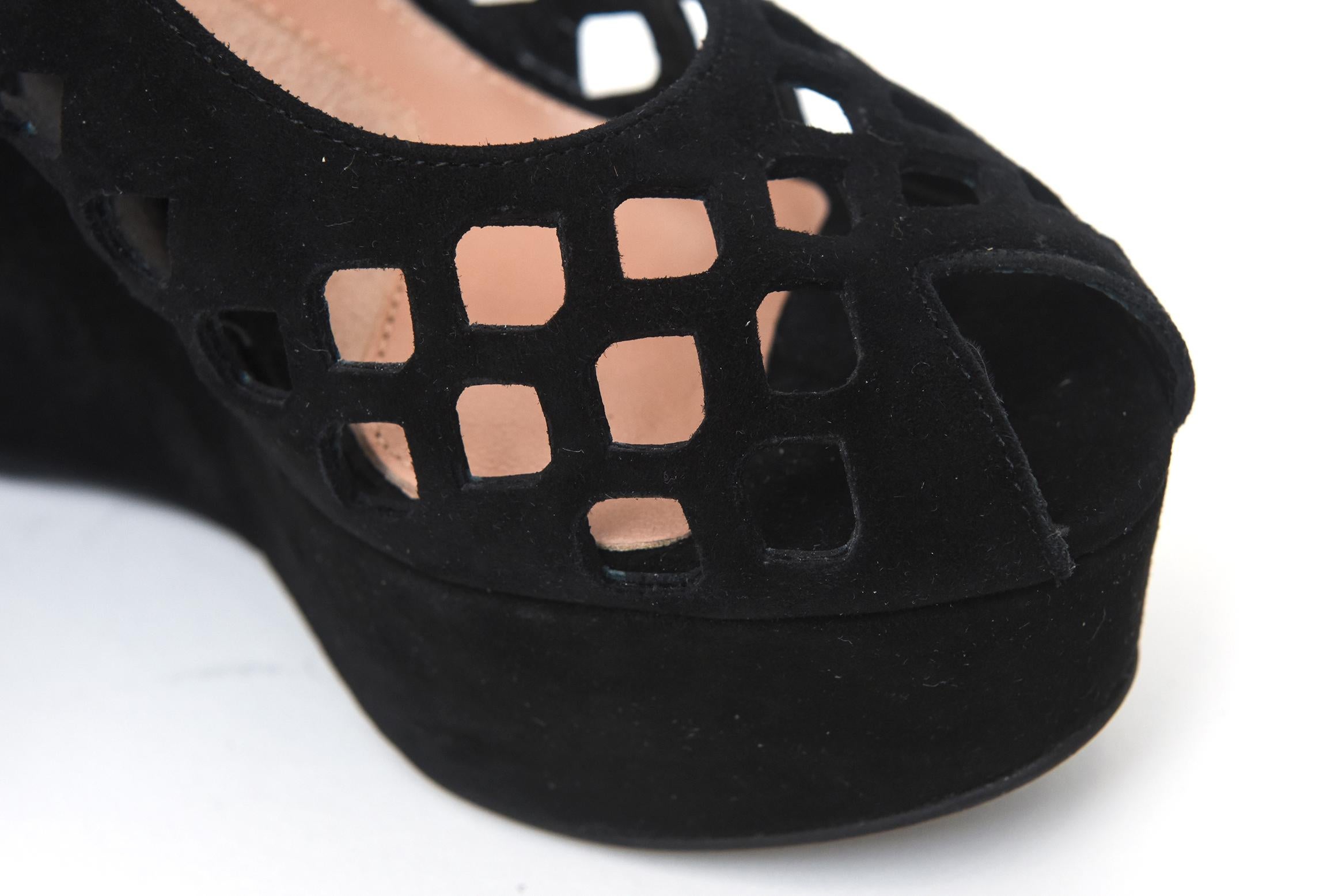 Women's Robert Clergerie Black Suede Cut Out Platform Sling Back Platform Shoes  For Sale