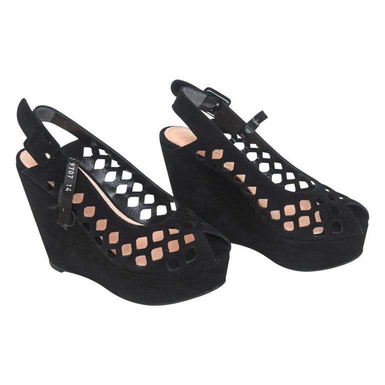 Robert Clergerie Black Suede Cut Out Platform Sling Back Platform