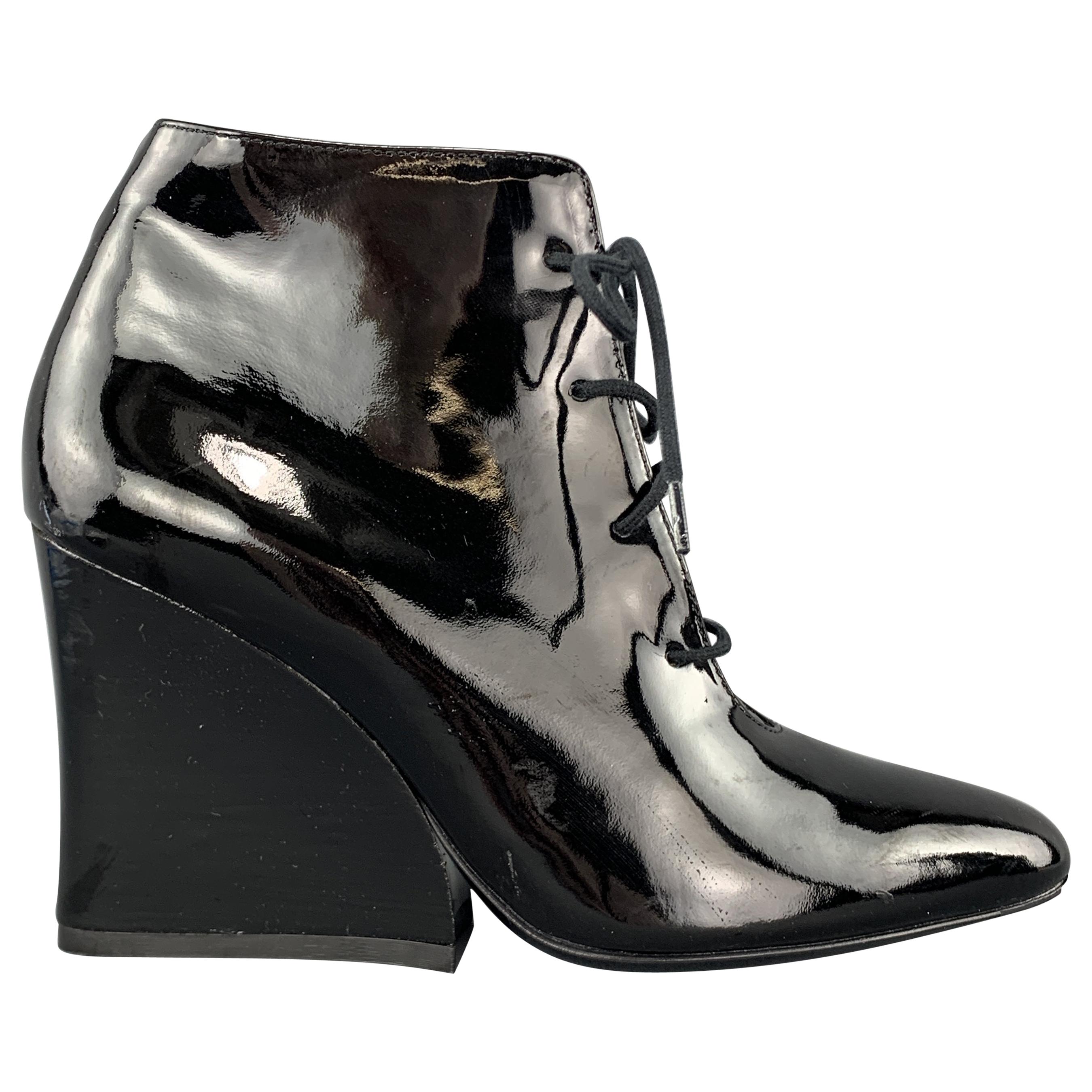 ROBERT CLERGERIE Size 6 Black Patent Leather Chunky Heel Ankle Boots