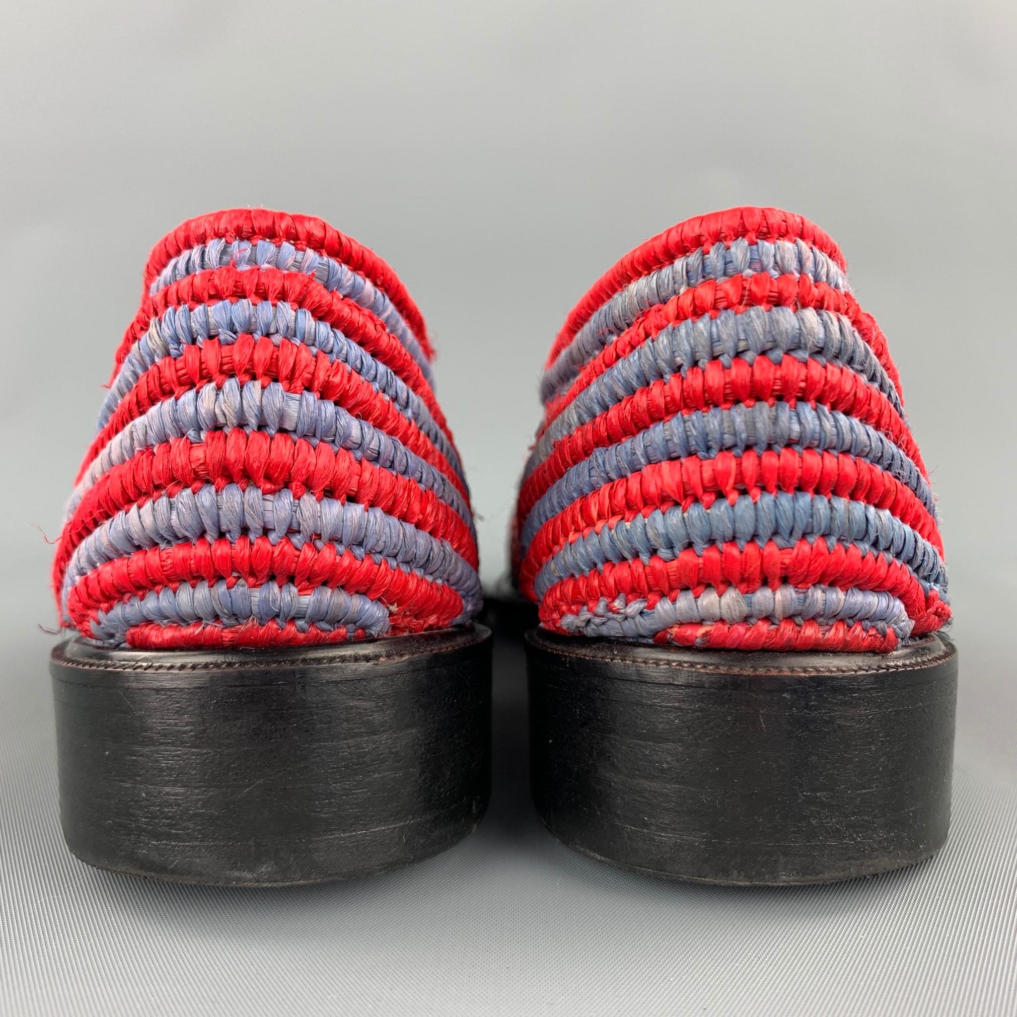 ROBERT CLERGERIE Size 7.5 Red & Blue Hand Woven Raffia Moccasins In Good Condition In San Francisco, CA