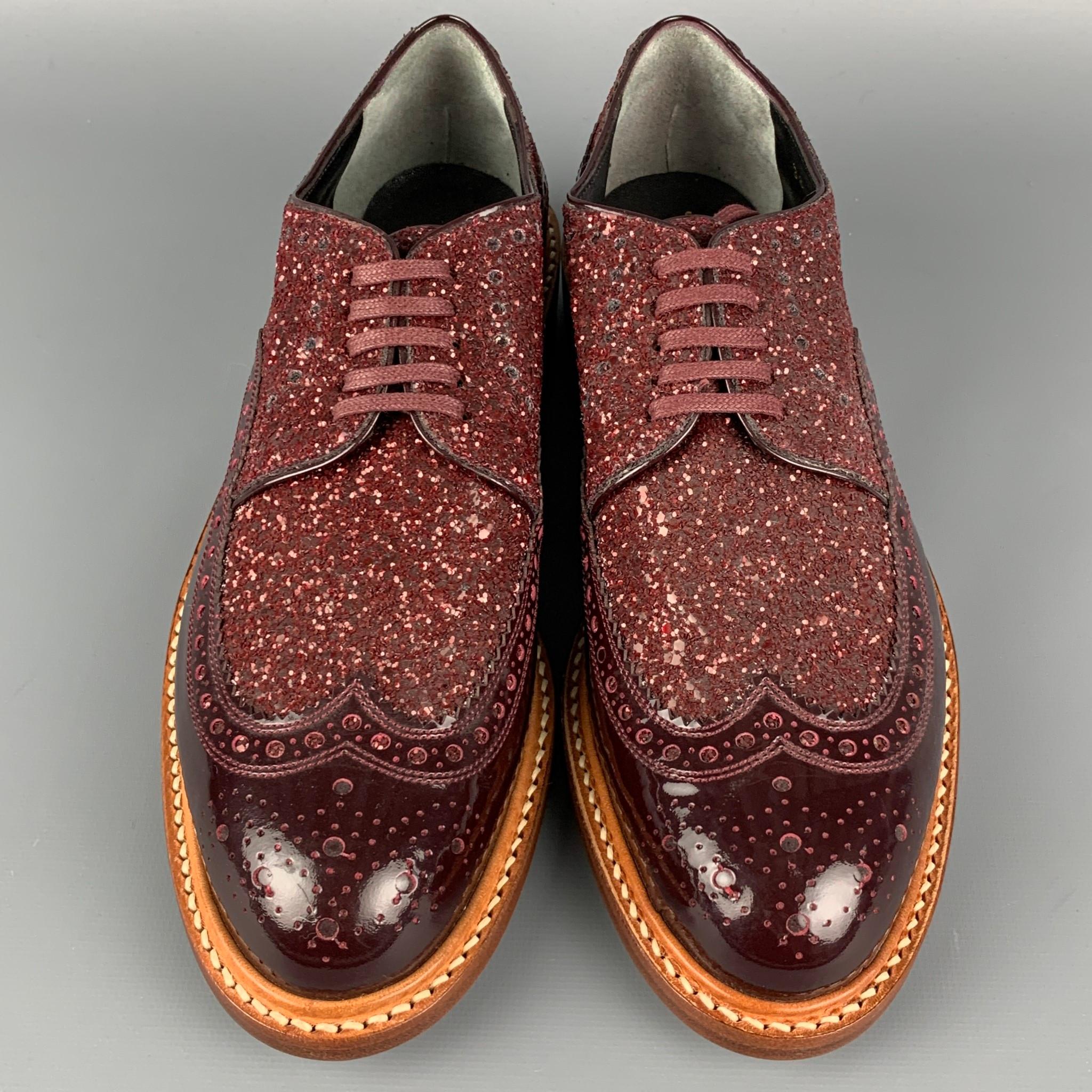 ROBERT CLERGERIE Size 8 Burgundy Metallic Leather Perforated Wingtip Shoes In Excellent Condition In San Francisco, CA