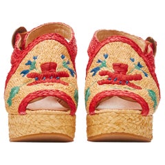 ROBERT CLERGERIE Waya brown red straw raffia espadrille platform wedge EU36.5