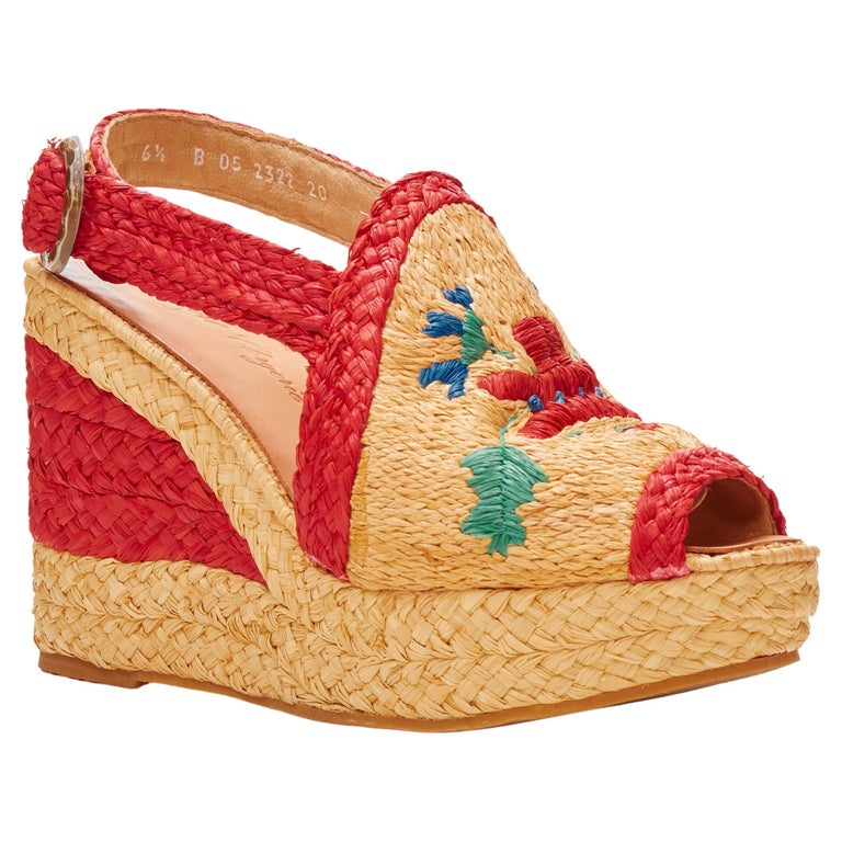 ROBERT CLERGERIE Waya brown red straw raffia espadrille platform wedge