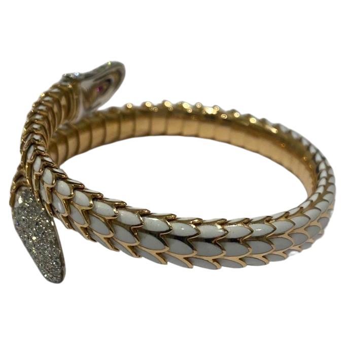 Robert Coin 18K Rose Gold, White Enamel, And Diamond 'Cobra' Bracelet For Sale 6