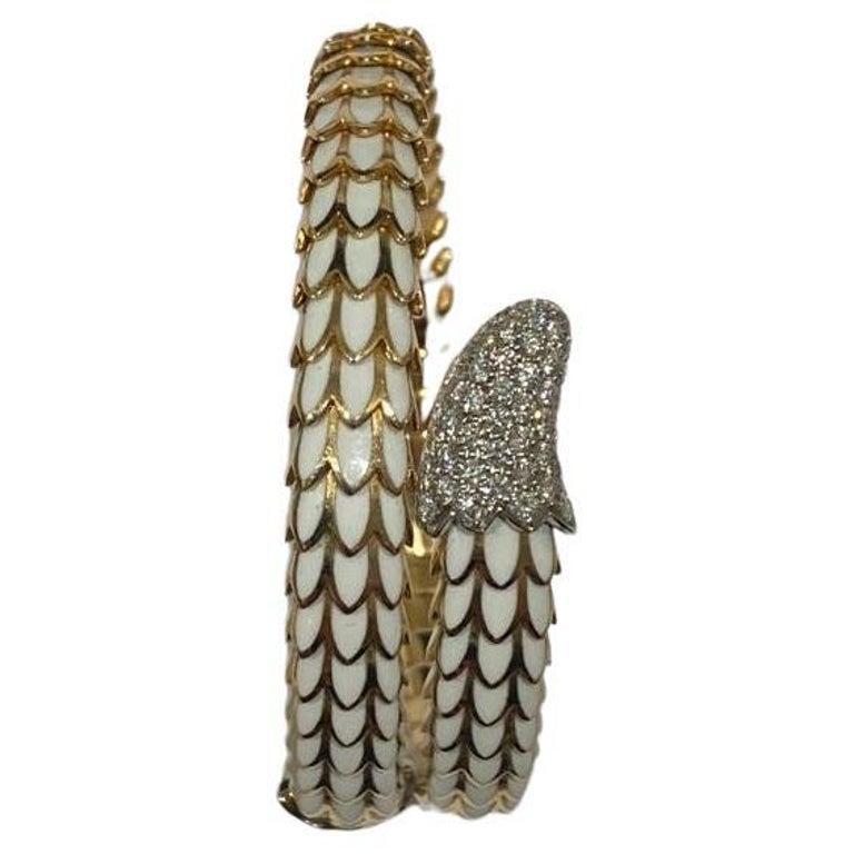 Robert Coin 18K Rose Gold, White Enamel, And Diamond 'Cobra' Bracelet For Sale 10