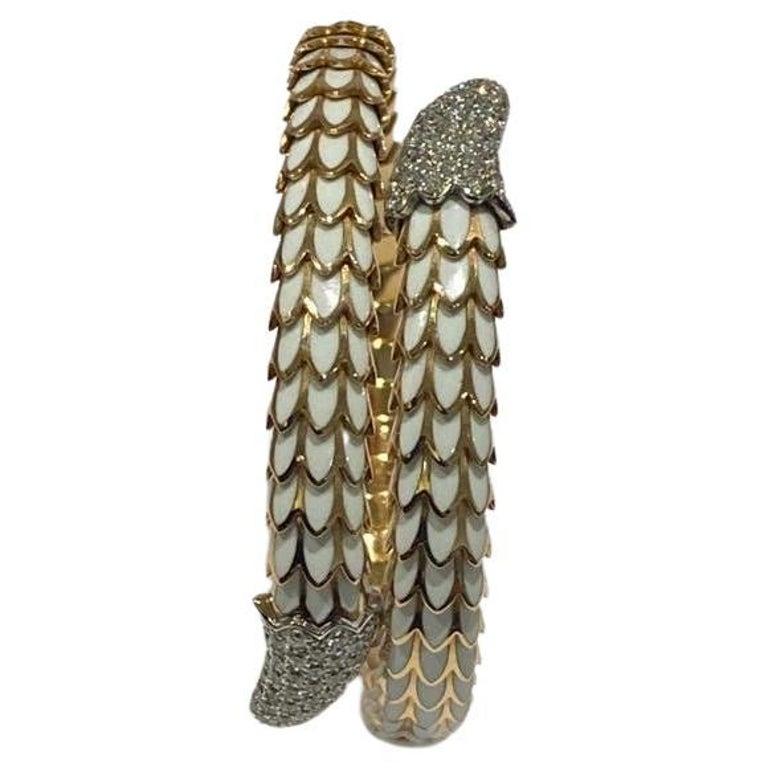 Robert Coin 18K Rose Gold, White Enamel, And Diamond 'Cobra' Bracelet For Sale 11