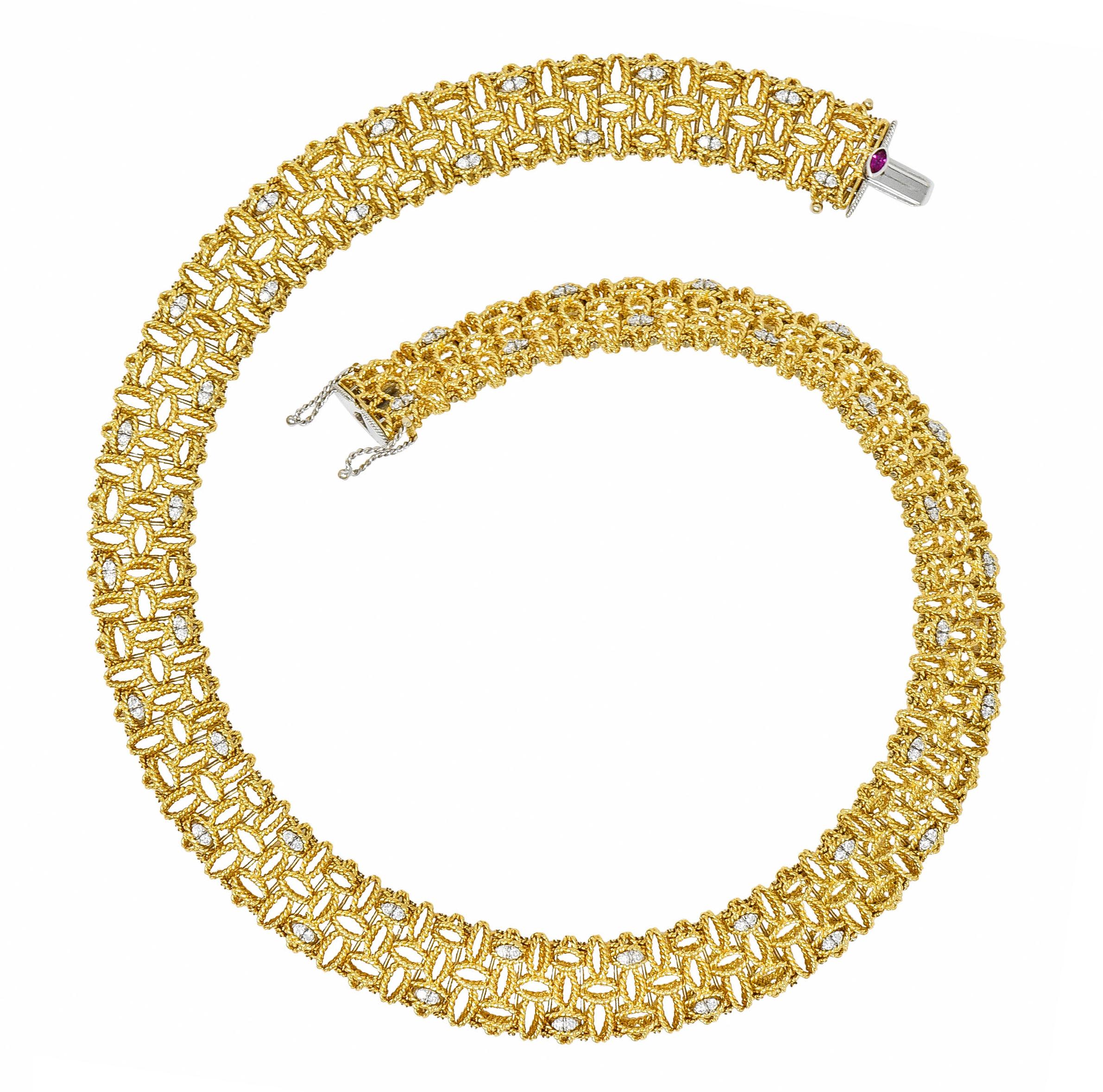 Collar style necklace has abstracted petal forms derived from Roberto Coin's iconic Princess Flower design

Lightweight, malleable, and comprised of a twisted rope motif

Accented throughout by round brilliant cut diamonds weighing in total