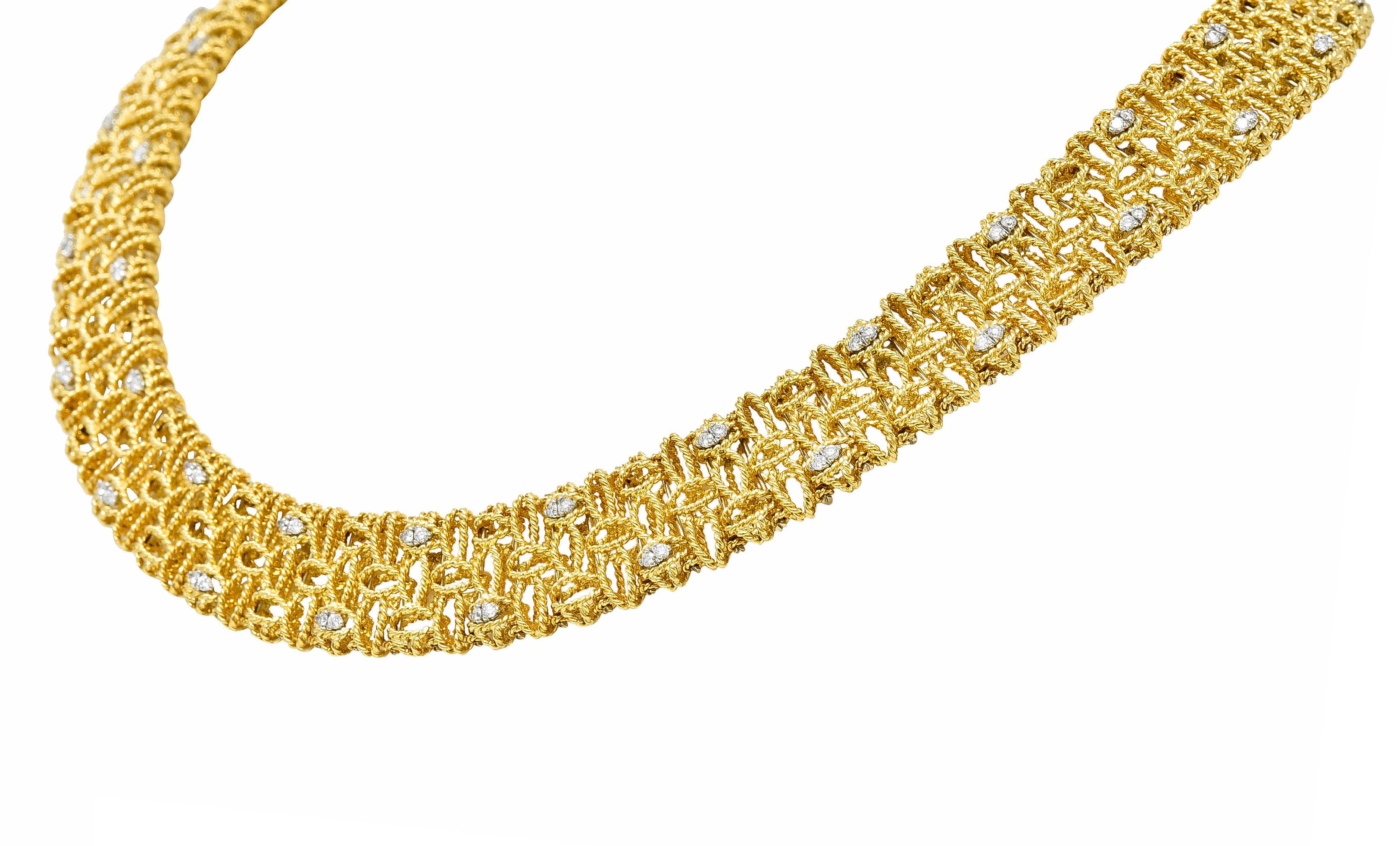Brilliant Cut Robert Coin Diamond 18 Karat Yellow Gold Petals Collar Necklace