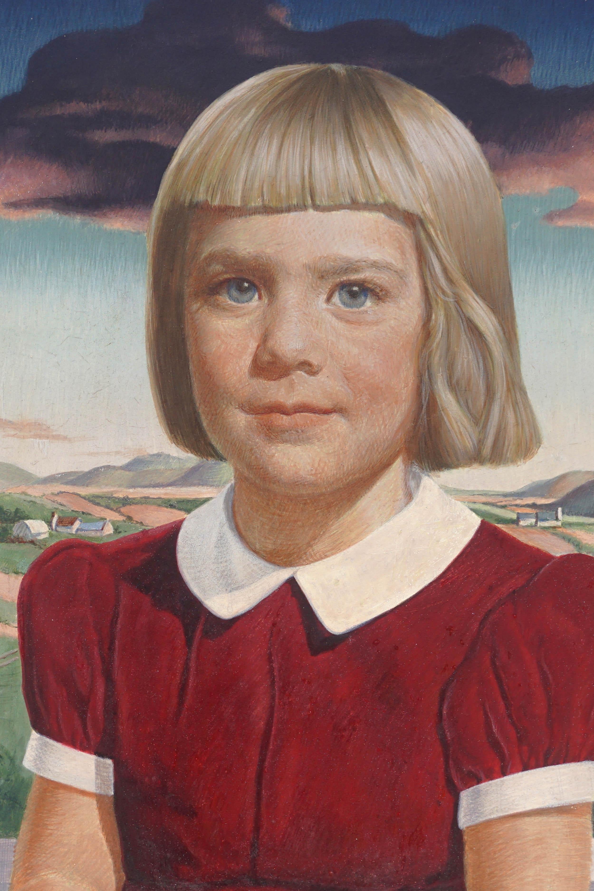 Mid Century Young Blonde Girl Portrait Egg Tempera - Style of Thomas Hart Benton - Painting by Robert Collins