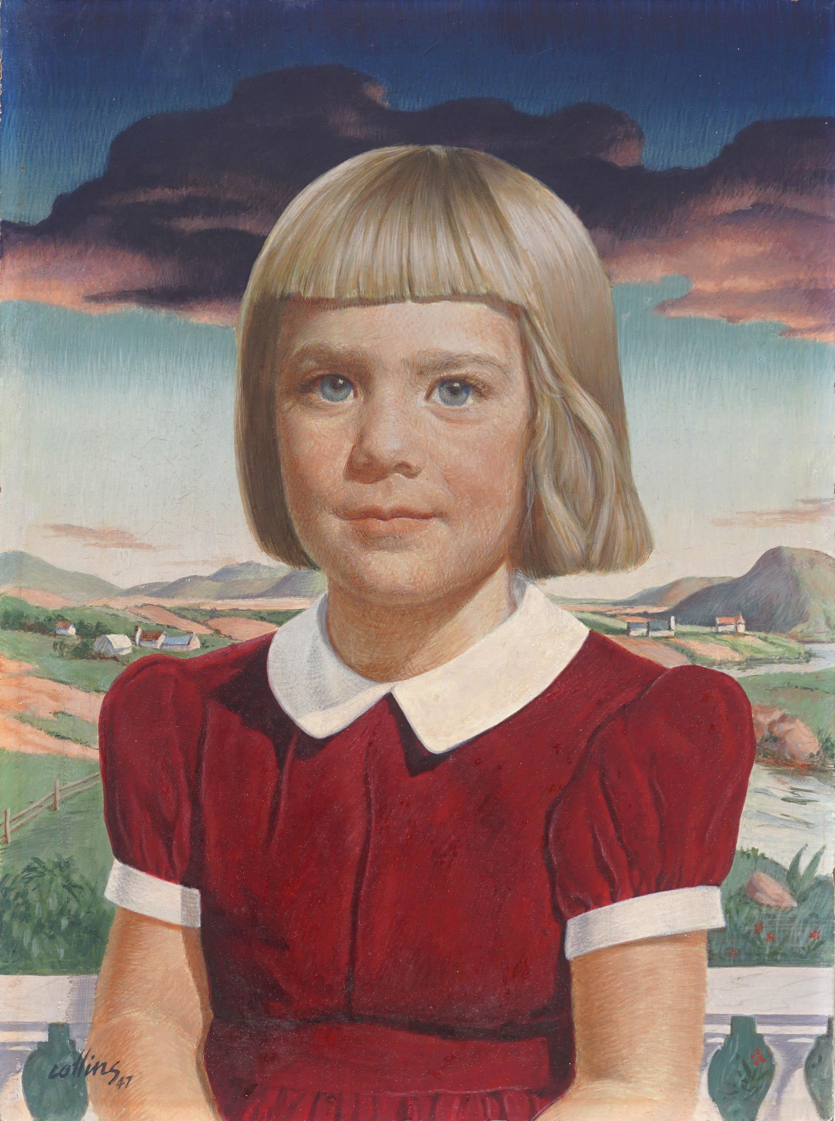 Junges blondes Mädchenporträt-Eitempera im Stil von Thomas Hart Benton aus der Mitte des Jahrhunderts