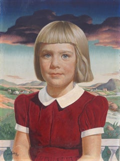 Vintage Mid Century Young Blonde Girl Portrait Egg Tempera - Style of Thomas Hart Benton