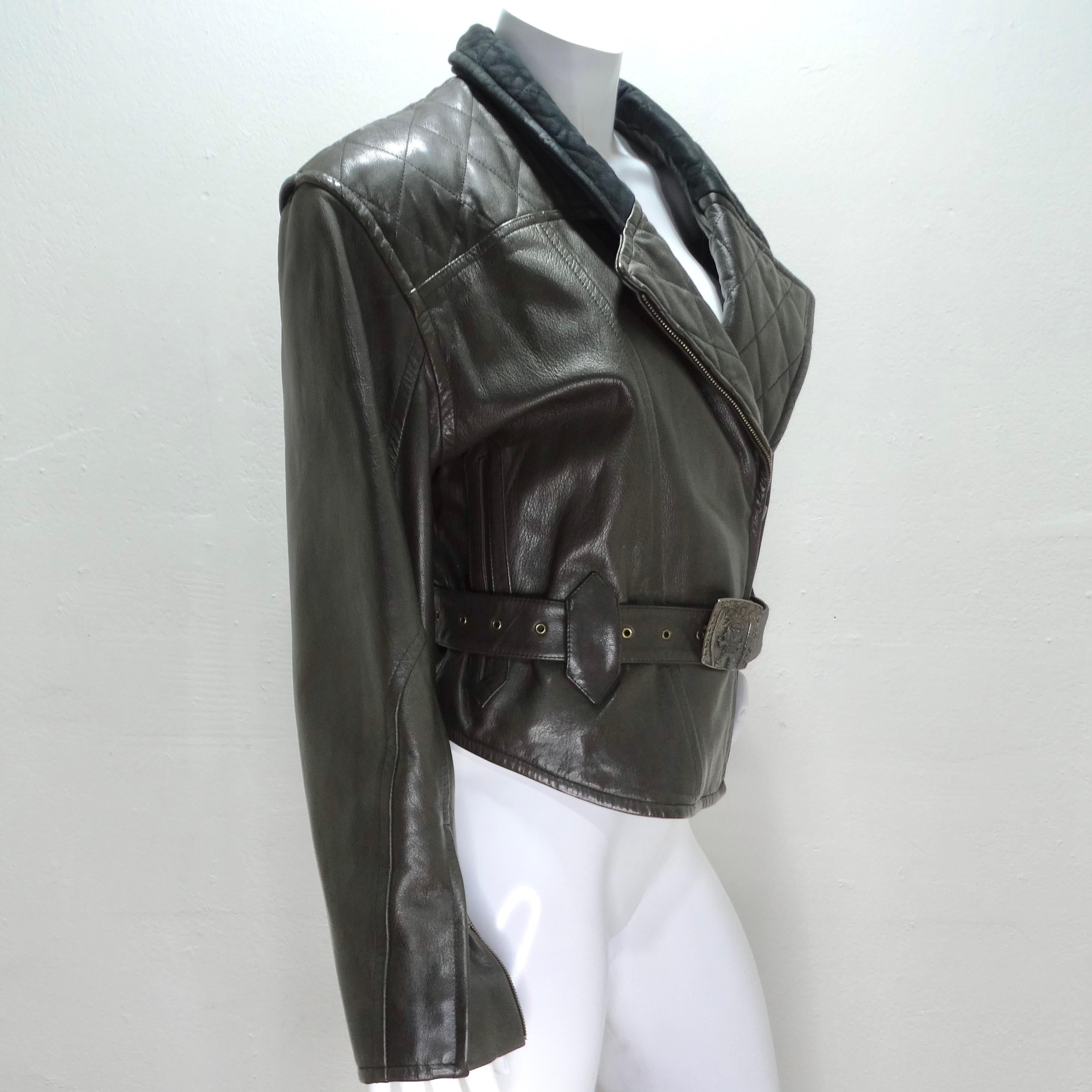 Robert Comstock 1980s Grey Belted Leather Moto Jacket 1
