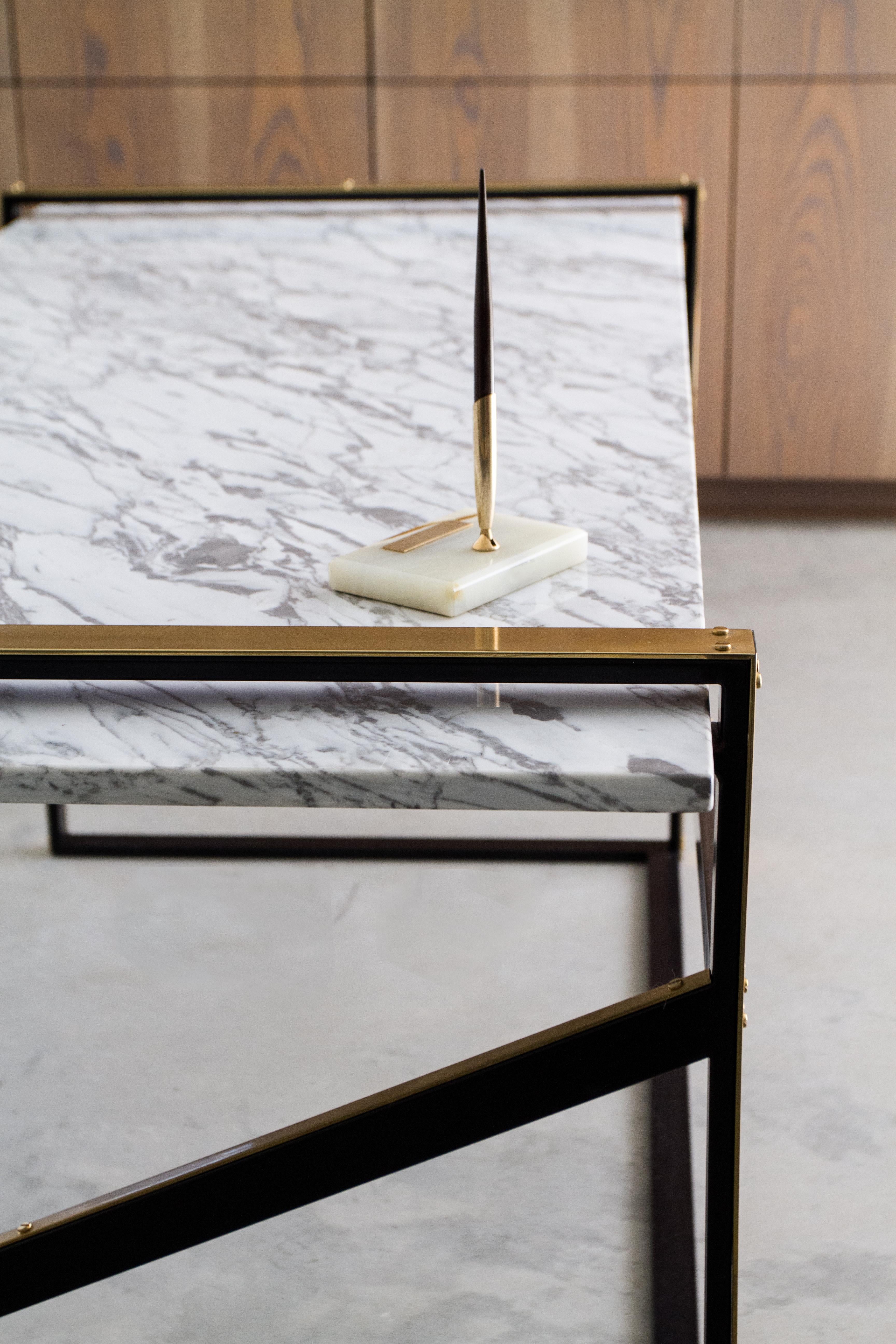 American Robert Console Table in Blackened Steel, Saint Laurent Marble and Brass Accents For Sale