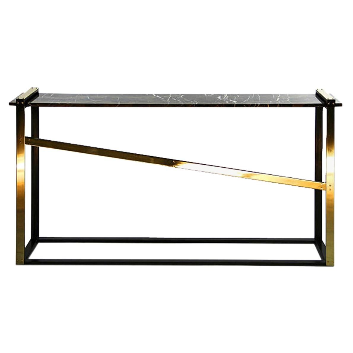 Table console Robert en acier noirci, marbre Saint Laurent et touches de laiton