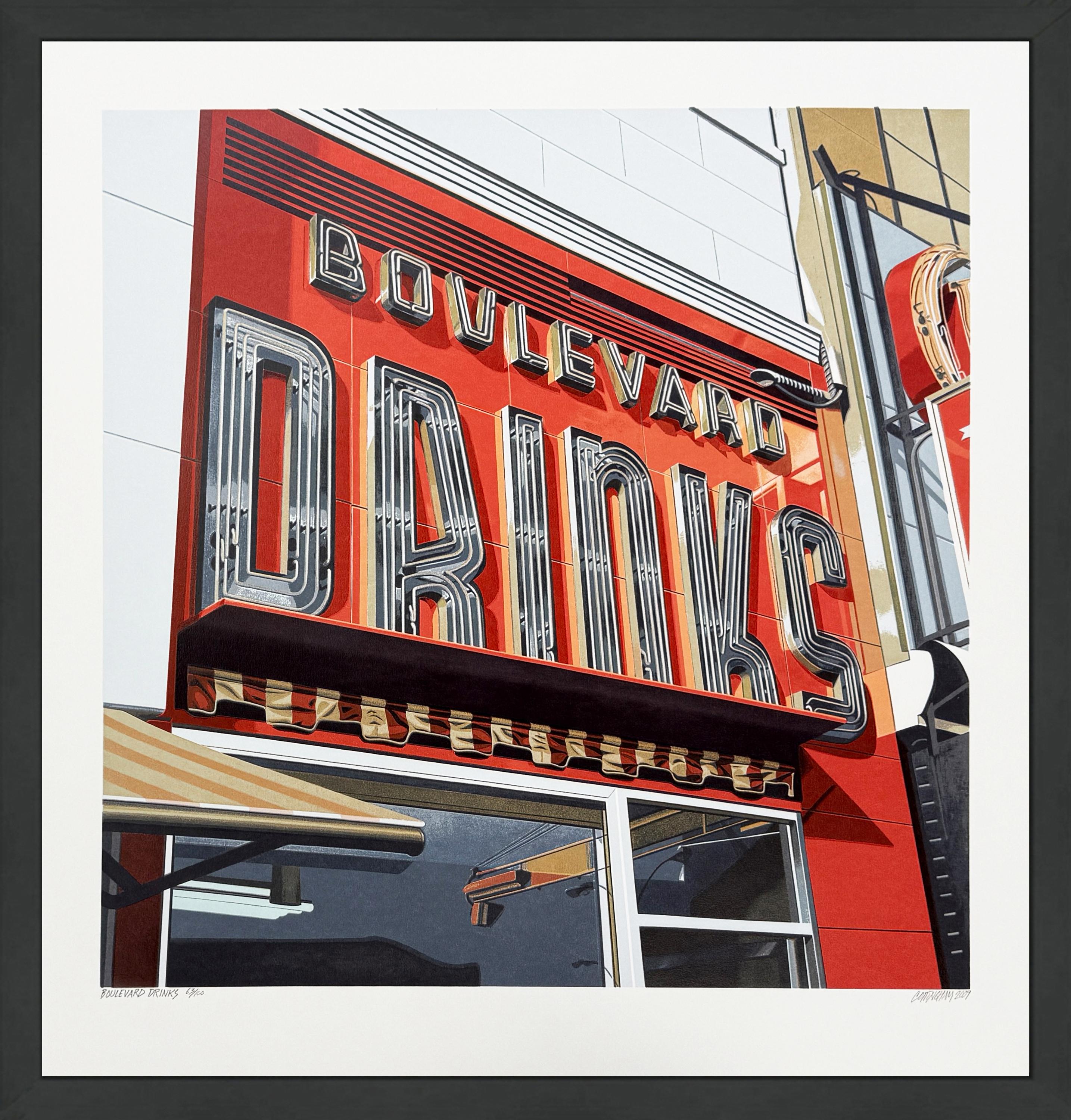 Robert Cottingham Figurative Print - Boulevard Drinks (large hand signed screen print)