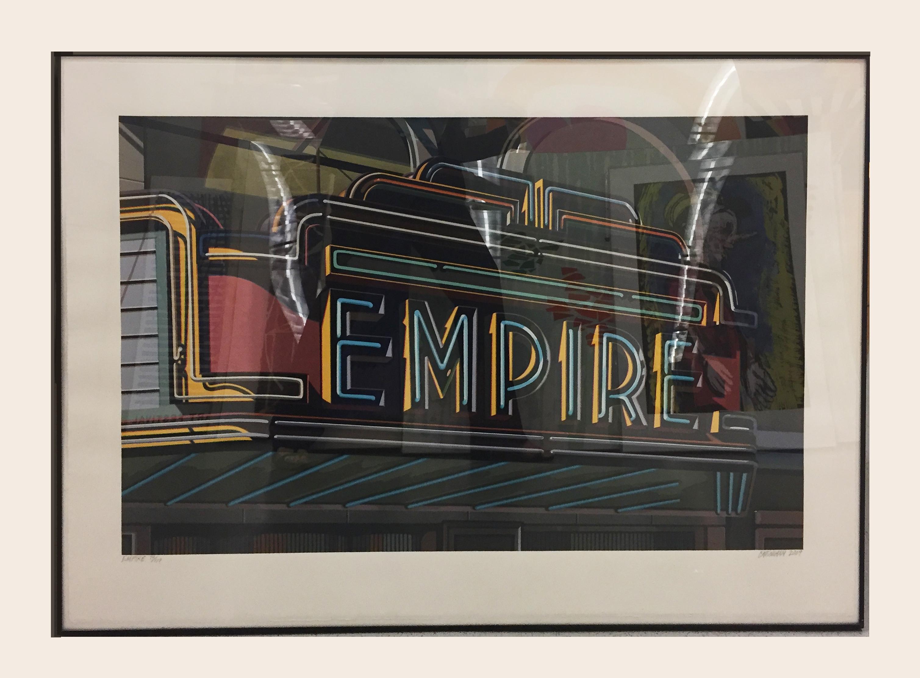The image comes from the gouache of the same name created in 2008. 

The image depicts the neon marquee of the Empire Theatre, a cinema in Montgomery, Alabama. The theatre is the famous site where Rosa Parks started the Civil Rights