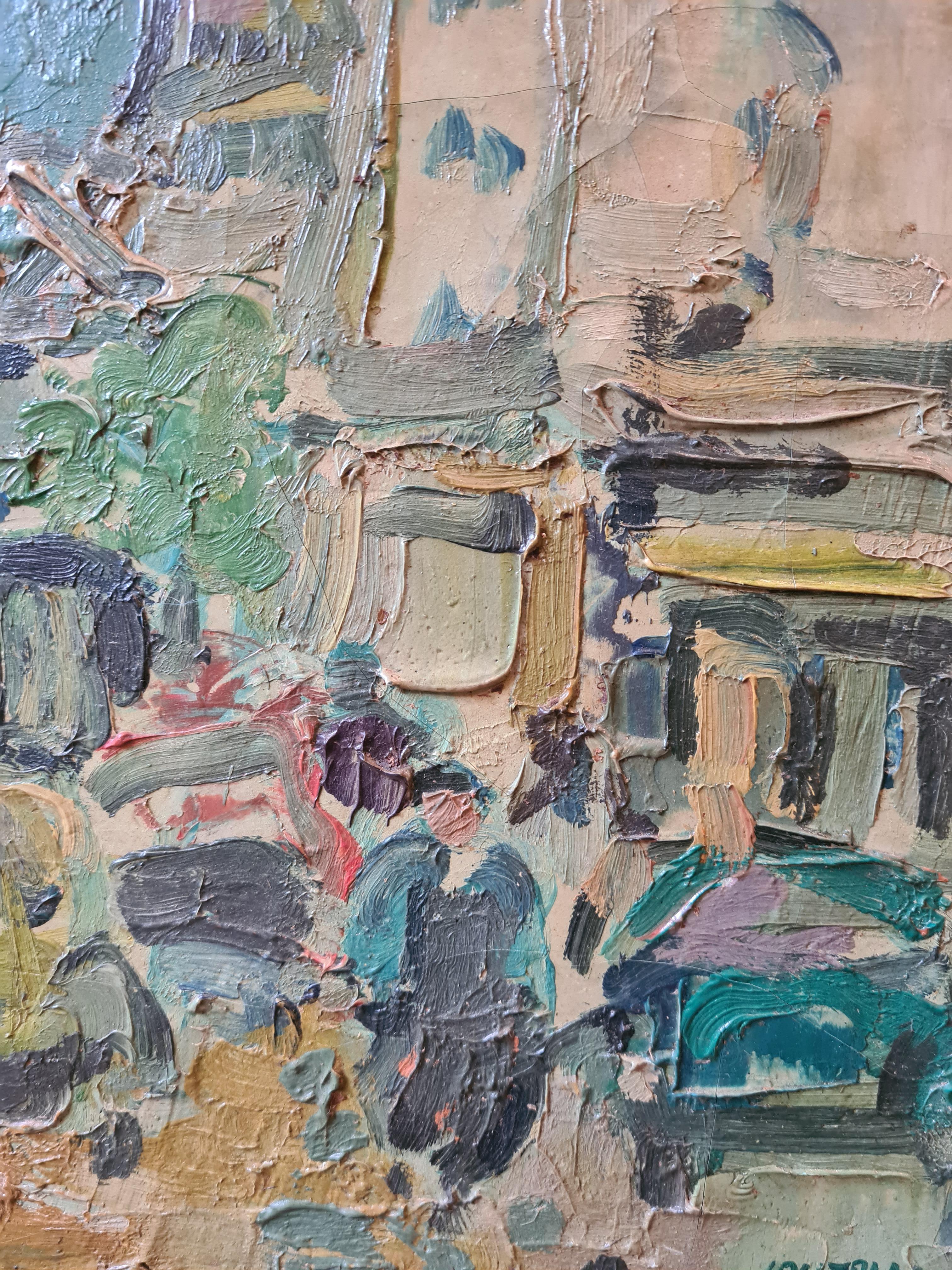 Französischer Impressionist aus der Mitte des Jahrhunderts, Öl auf Leinwand, Ansicht von Montparnasse in Paris von Robert Coutelas. Signiert unten rechts. Mit Widmung und Datum auf dem hinteren Keilrahmen, wo der Künstler es 1972 verschenkte.