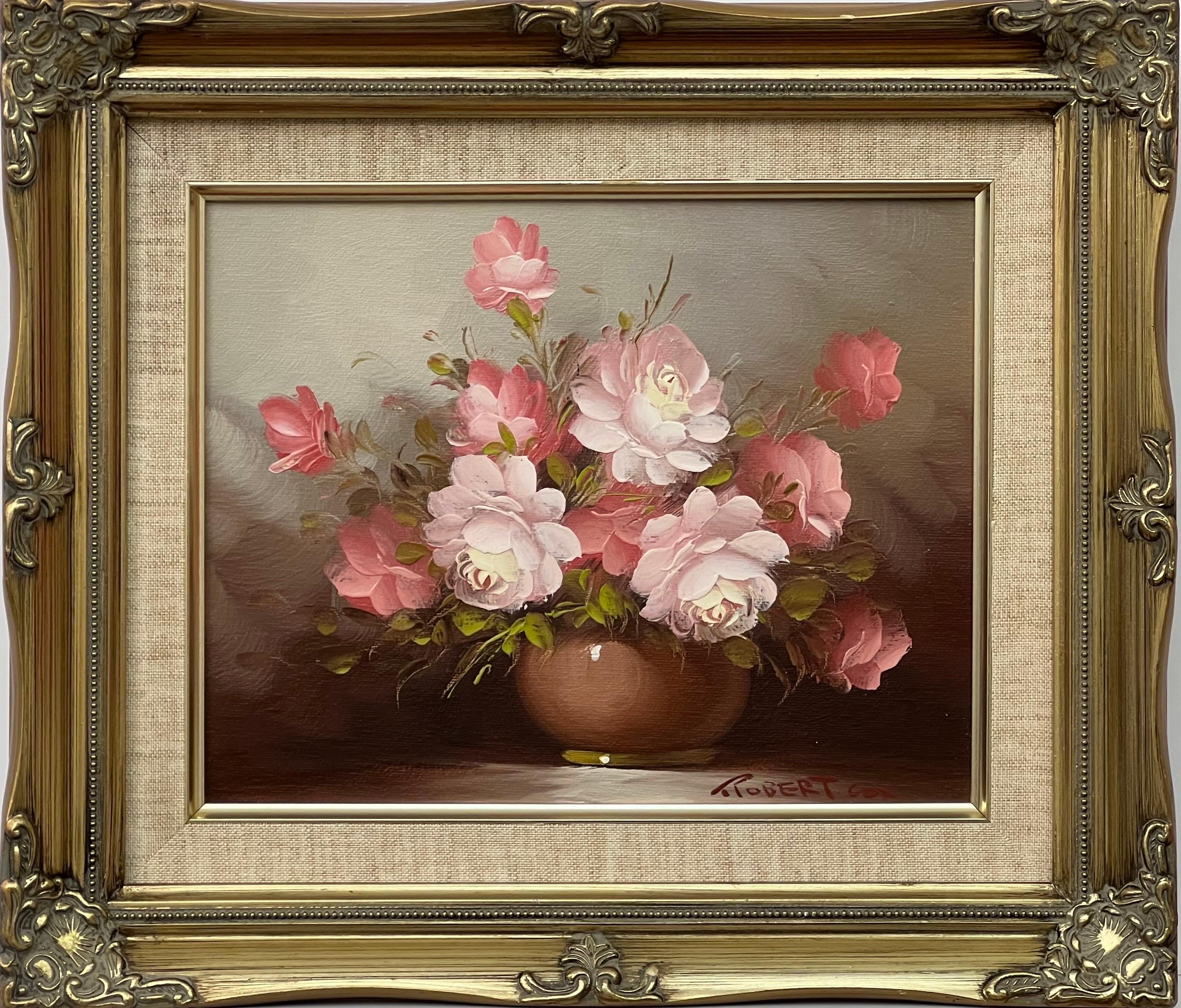 Interior Painting Robert Cox - Nature morte d'un vase de roses rouges et blanches par un artiste américain du 20e siècle