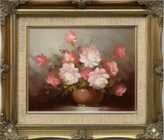 Vintage Still Life of a Vase of Pink Red & White Roses by 20th Century American Artist